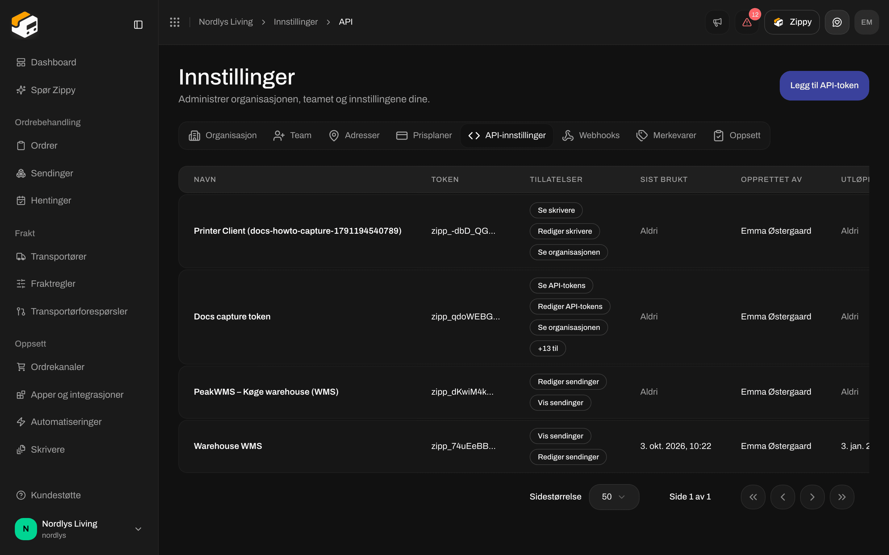Fanen API-innstillinger med listen over API-tokens og Legg til API-token i toppen