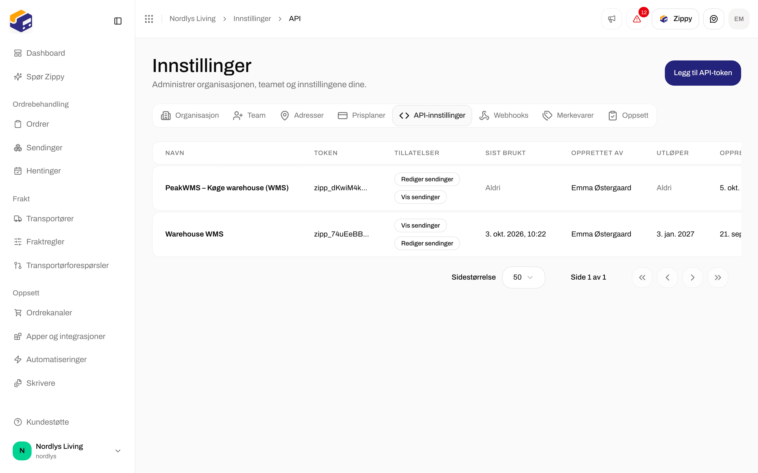 Fanen API-innstillinger med listen over API-tokens og Legg til API-token i toppen