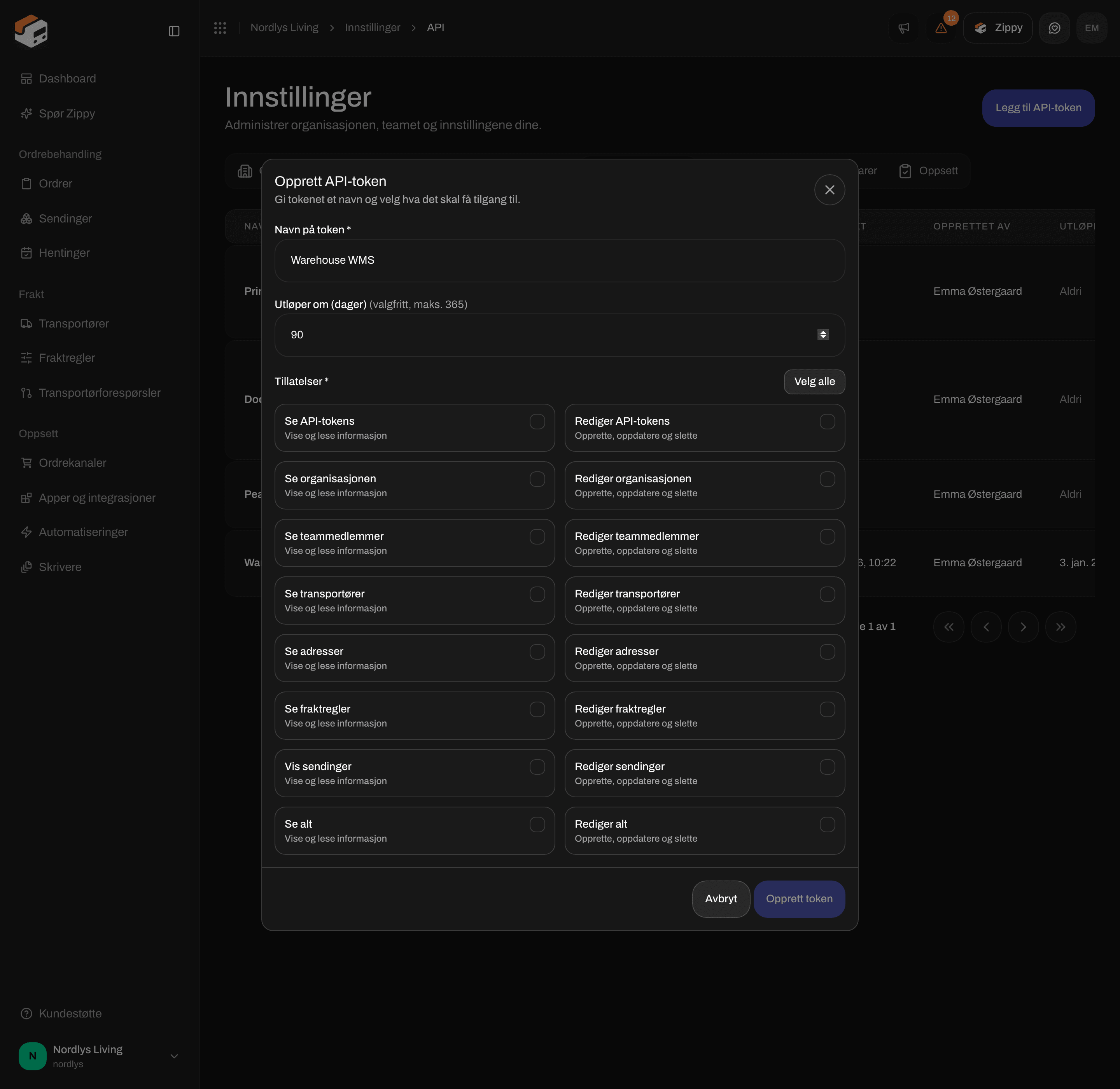 Vinduet Opprett API-token med Navn på token, Utløper om (dager) og avkrysningsbokser for tillatelser