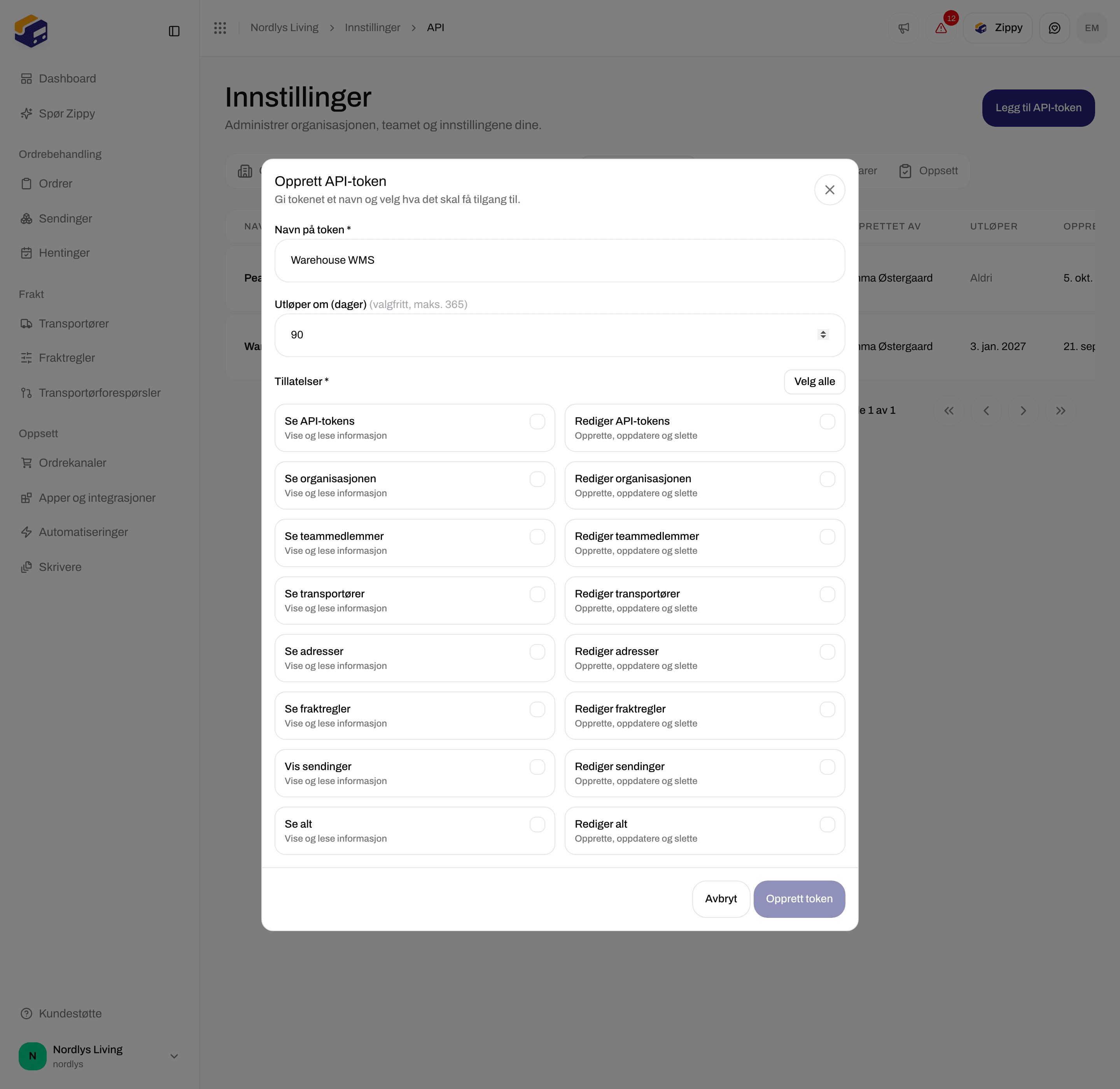 Vinduet Opprett API-token med Navn på token, Utløper om (dager) og avkrysningsbokser for tillatelser