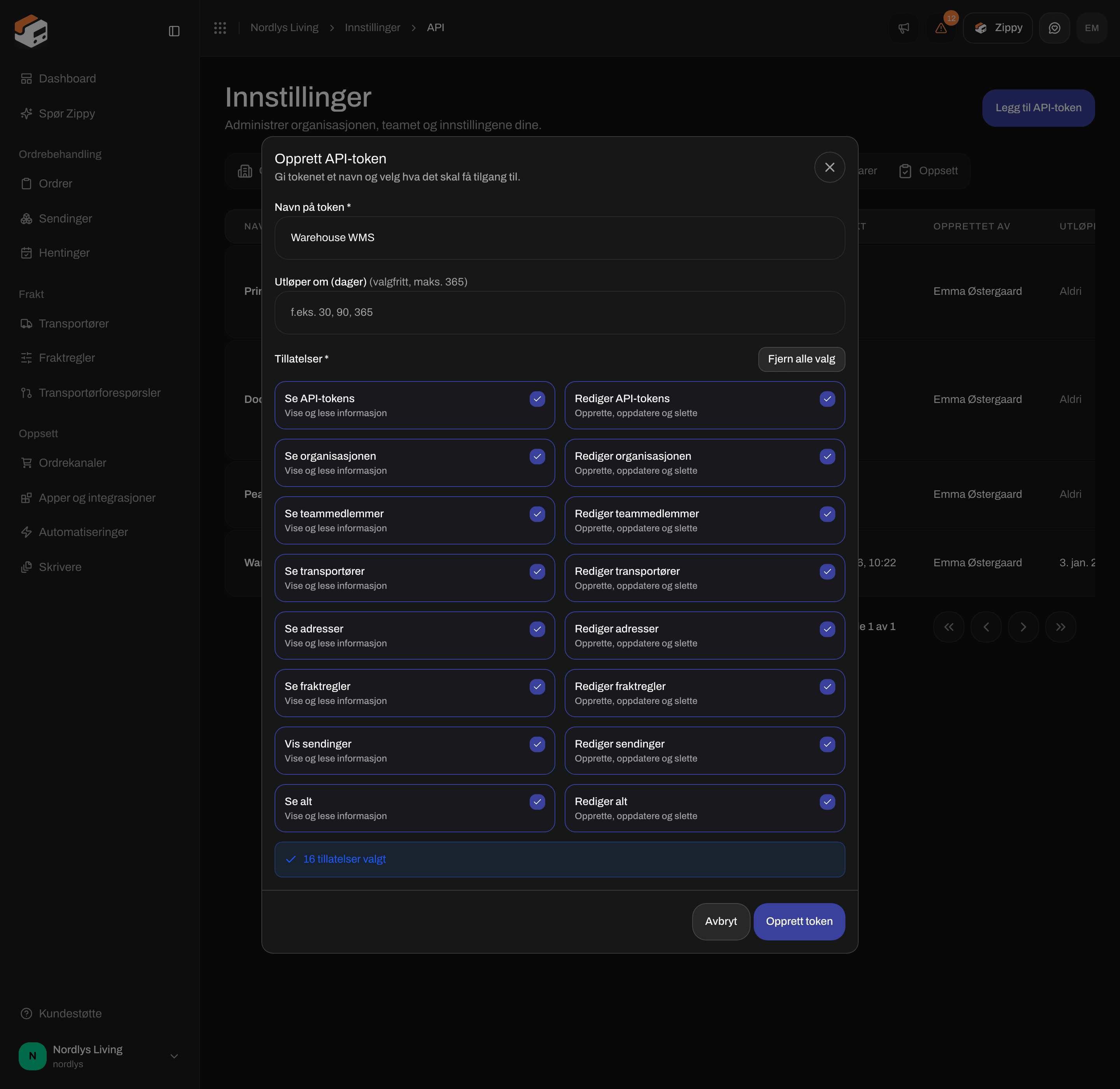 Tillatelser for Opprett API-token med avkrysningsbokser for lese- og skriverettigheter, blant annet Se alt og Rediger alt