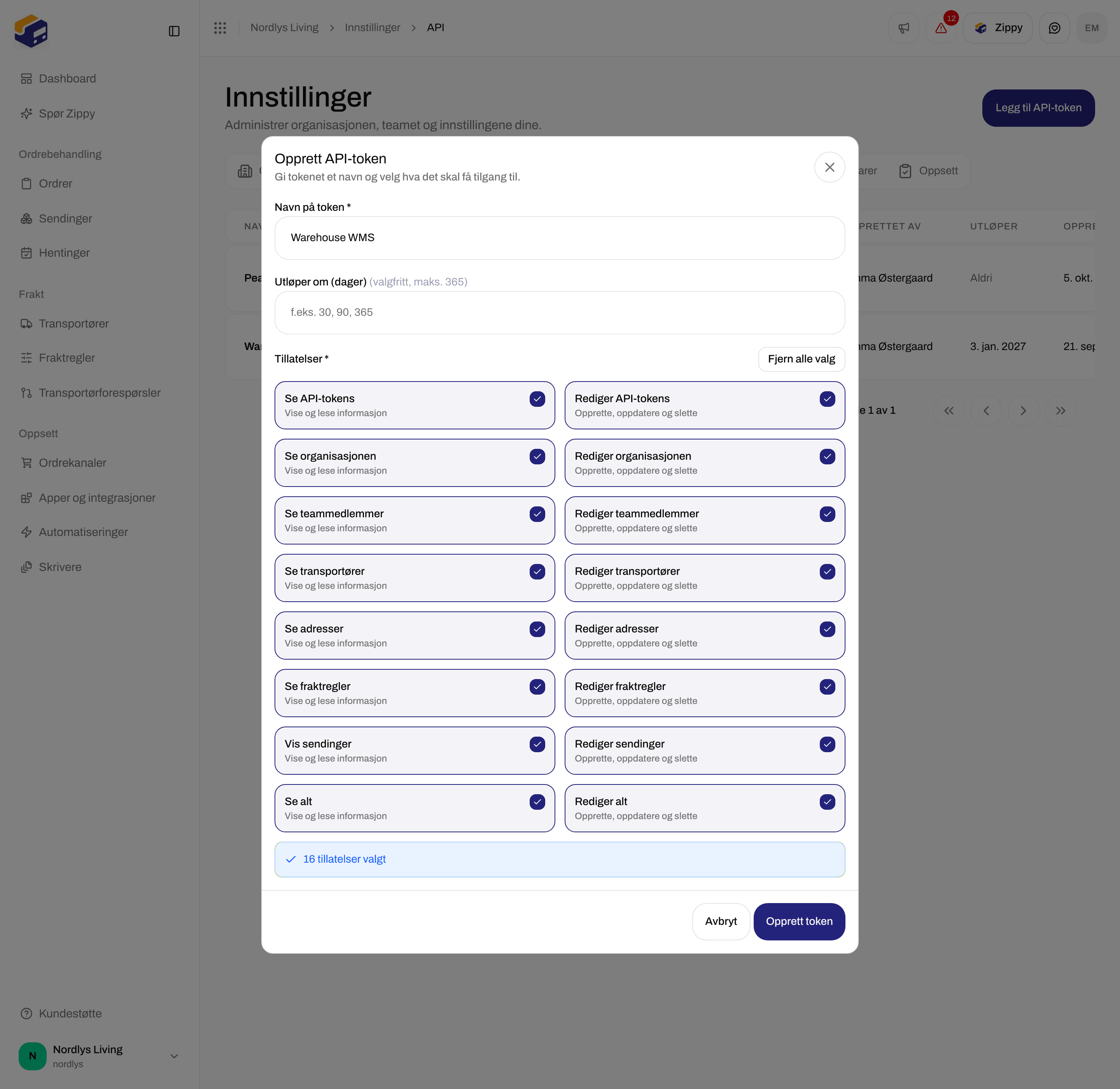 Tillatelser for Opprett API-token med avkrysningsbokser for lese- og skriverettigheter, blant annet Se alt og Rediger alt