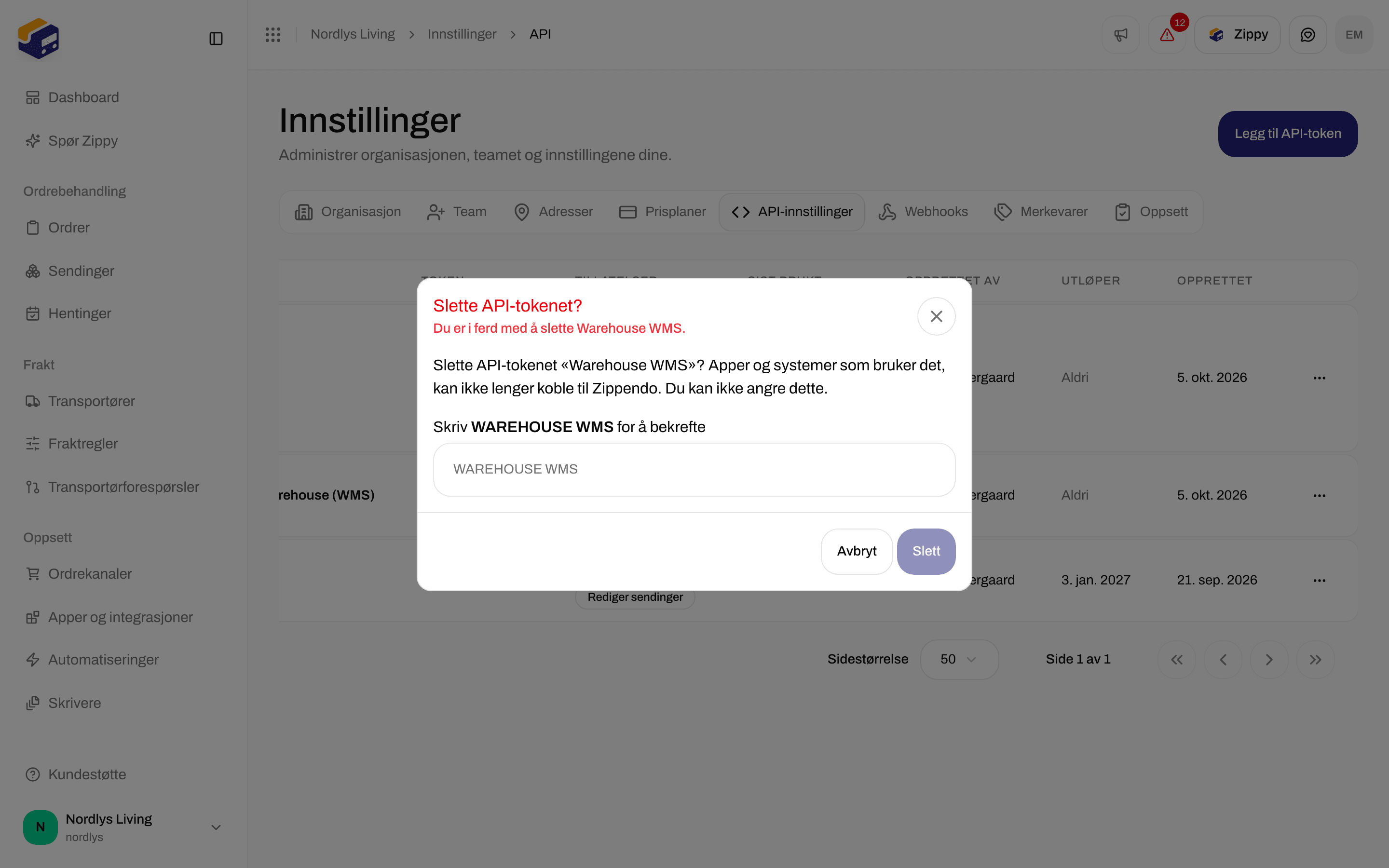 Vinduet Slette API-tokenet? med et felt for å skrive inn navnet som bekreftelse