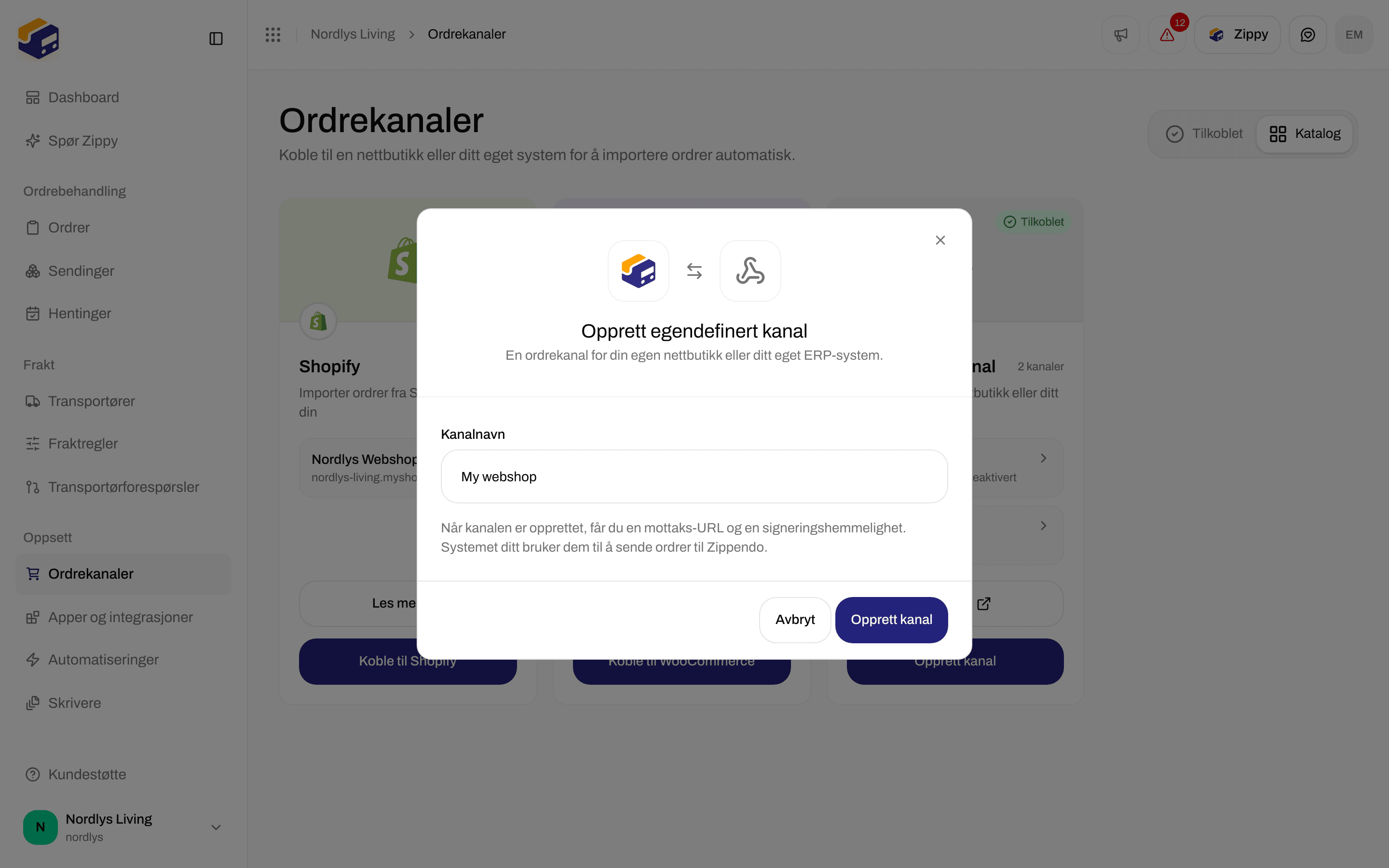 Vinduet Opprett egendefinert kanal med Kanalnavn utfylt som My webshop, Opprett kanal og Avbryt