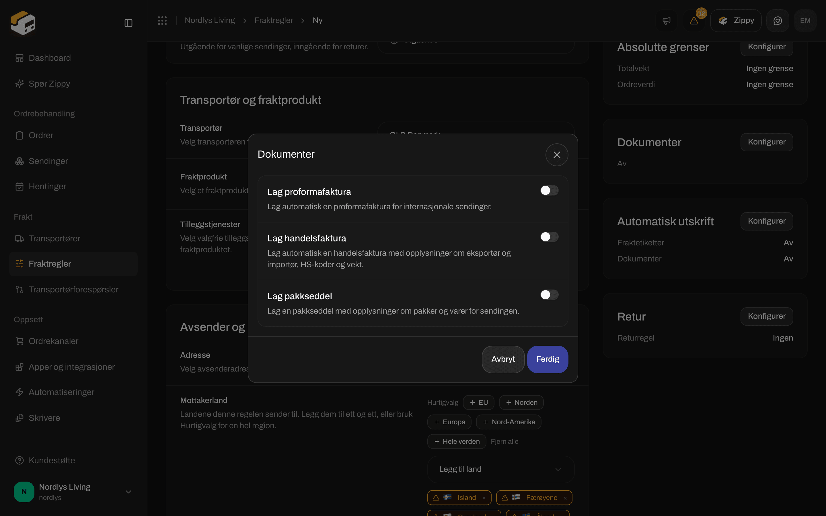 Skjemaet for fraktregel med bryterne under Dokumenter for fakturaer og pakkseddelen