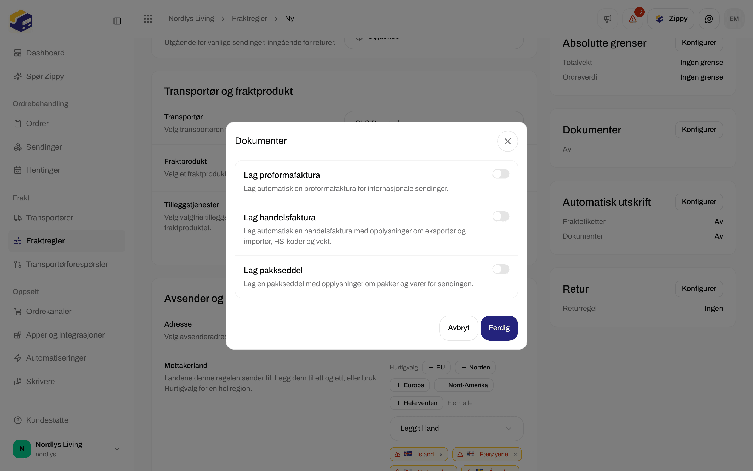 Skjemaet for fraktregel med bryterne under Dokumenter for fakturaer og pakkseddelen