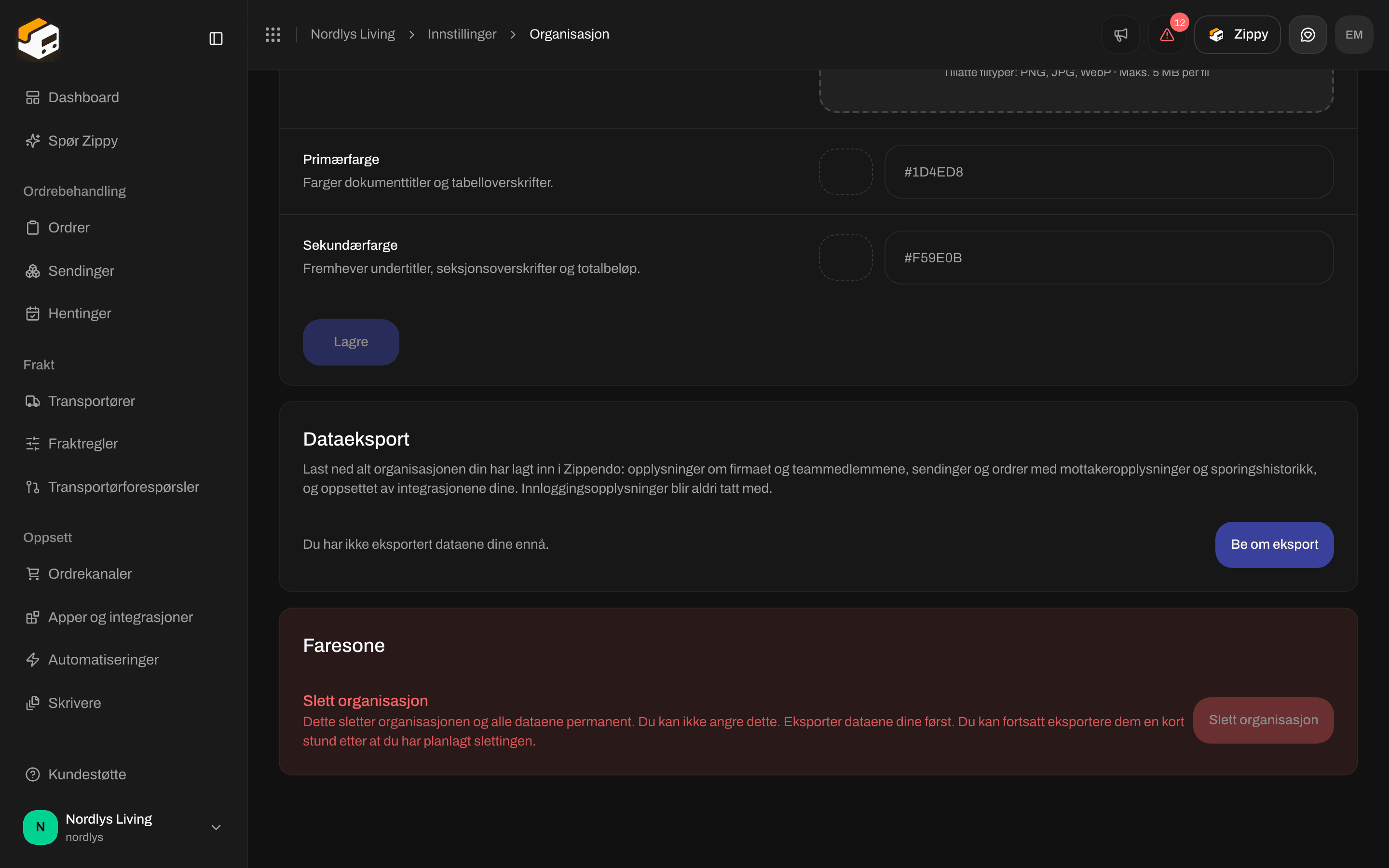 Faresone med overskriften Slett organisasjon og en knapp Slett organisasjon som ikke kan klikkes