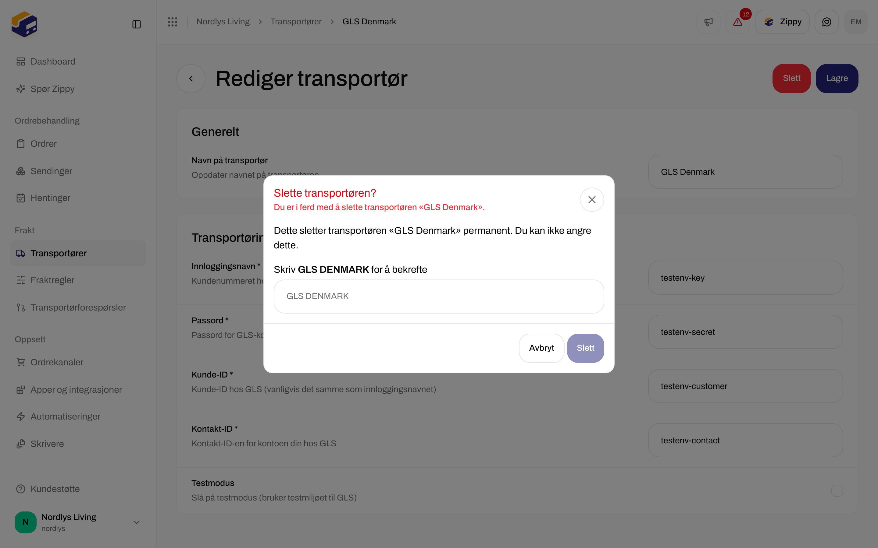Vinduet Slette transportøren? som ber deg skrive navnet på transportøren med store bokstaver