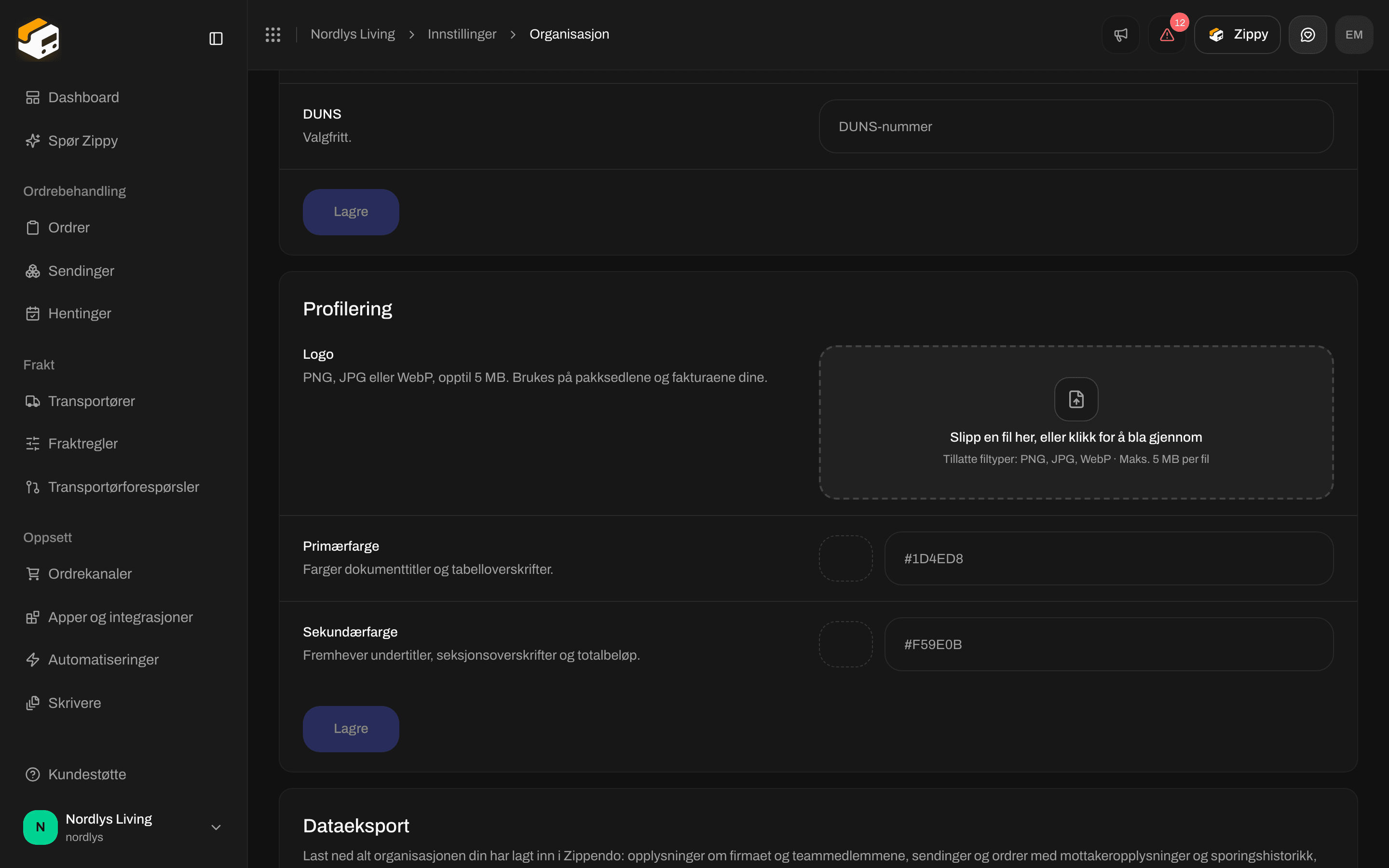 Kortet Dataeksport med en statuslinje og Be om eksport