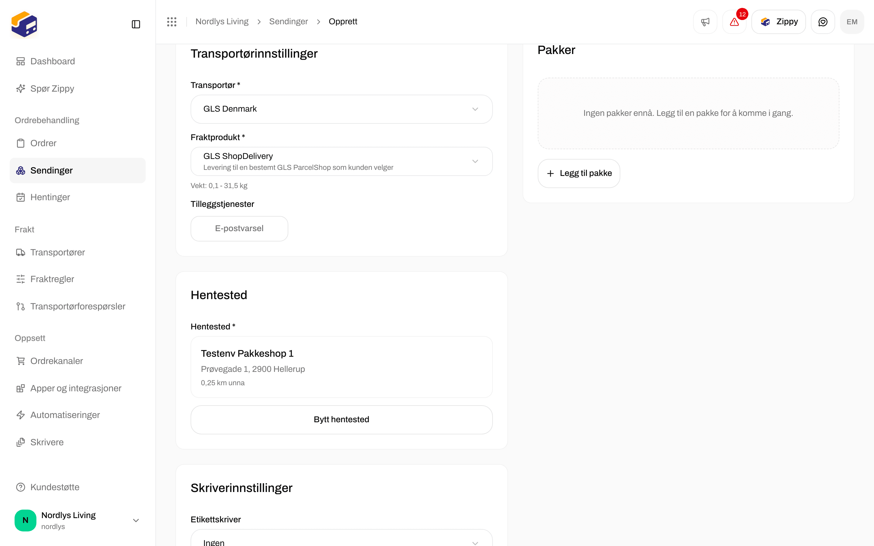 Kortet Hentested som viser navn, adresse og avstand for det valgte hentestedet, med Bytt hentested