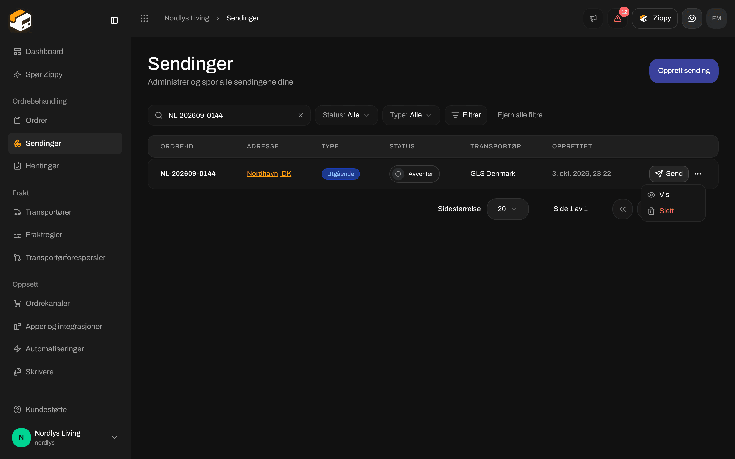 Radmeny i listen Sendinger med Vis og Slett