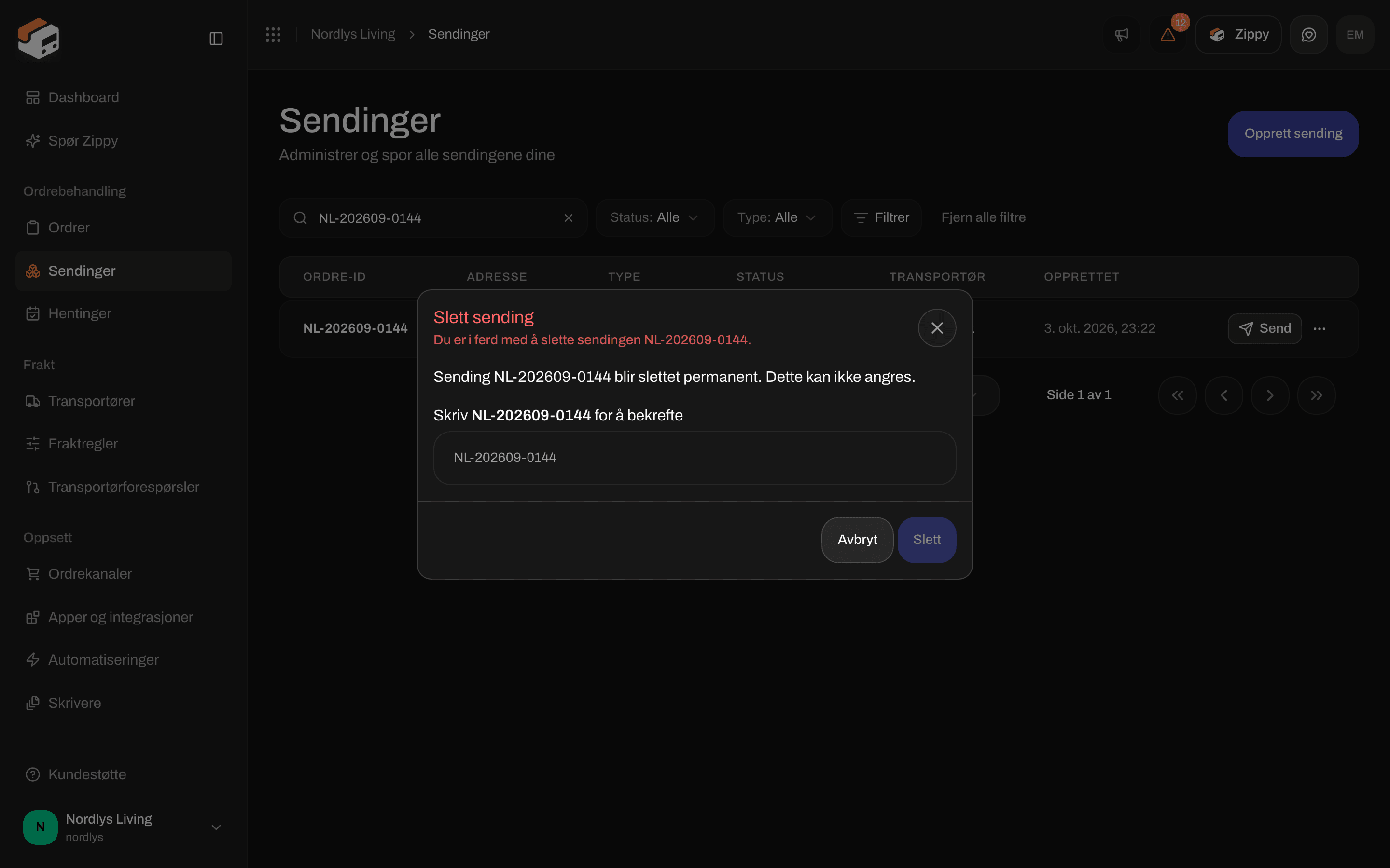 Bekreftelse for Slett sending som ber deg skrive inn sendingens referanse