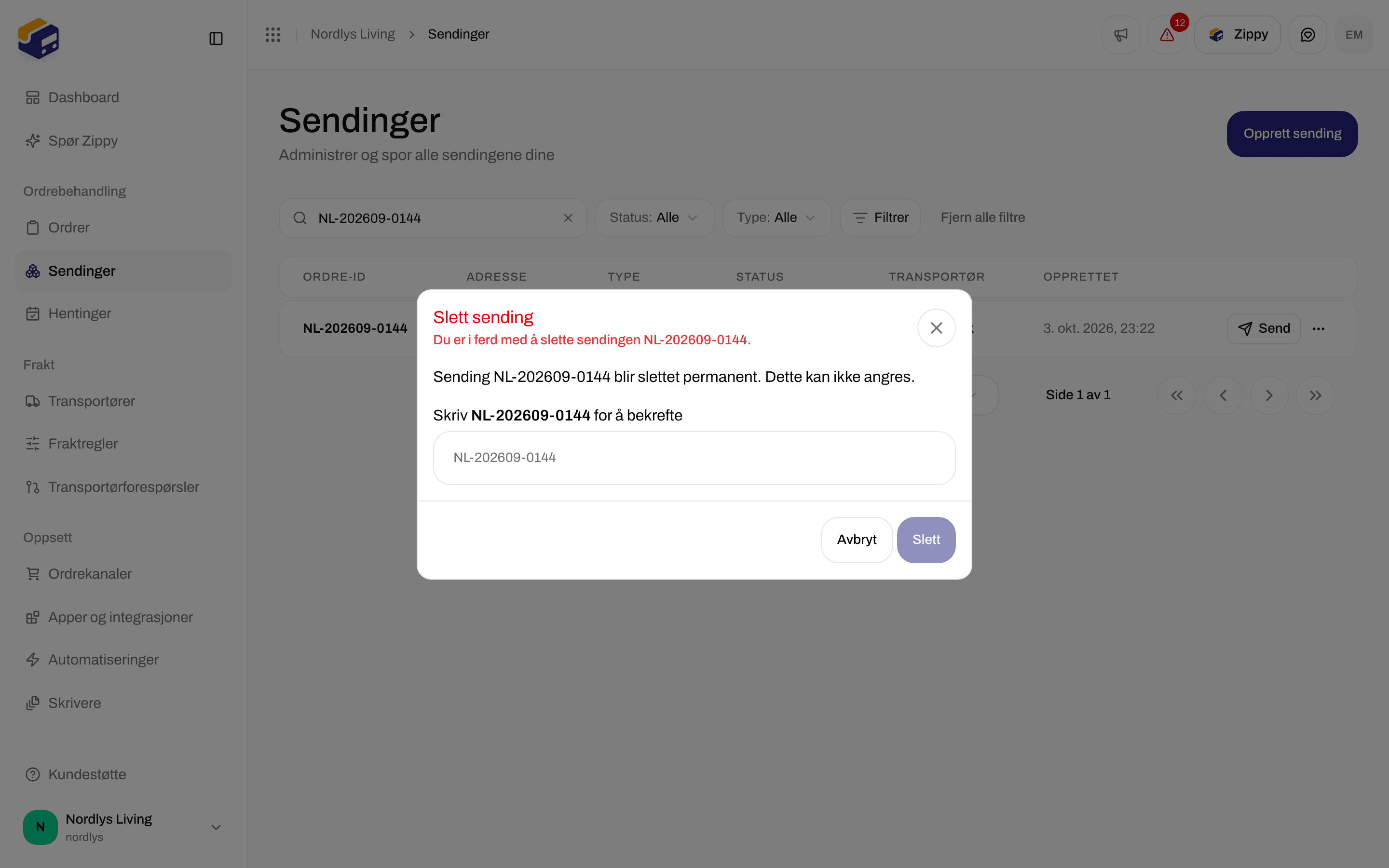 Bekreftelse for Slett sending som ber deg skrive inn sendingens referanse