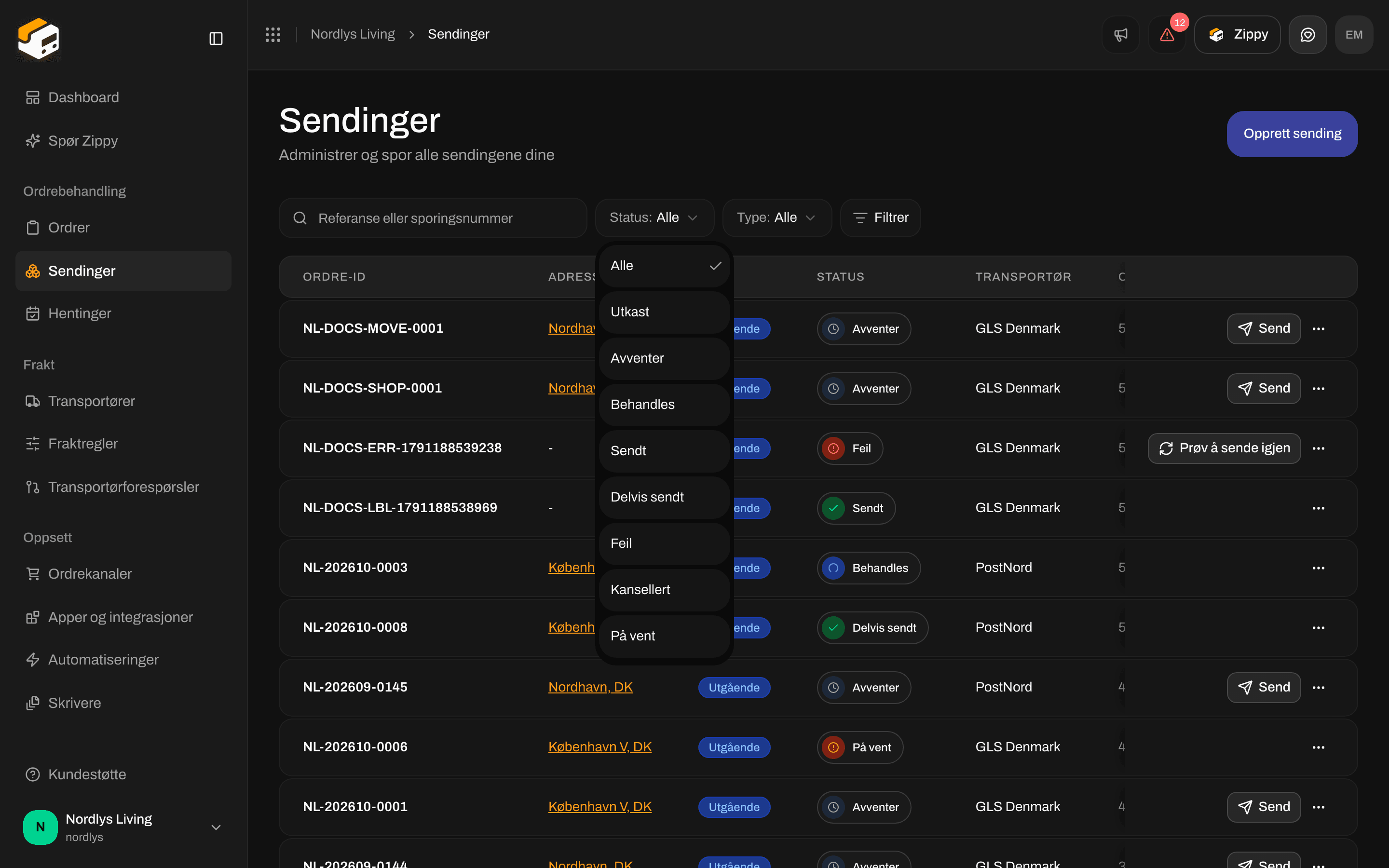 Filtre med alternativene for Status, inkludert Kansellert og På vent