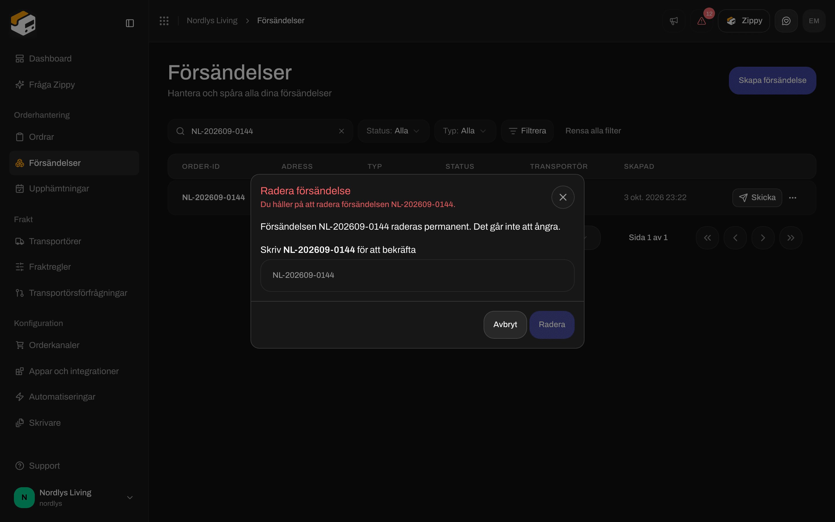 Bekräftelse för att radera en försändelse som ber dig skriva försändelsens referens