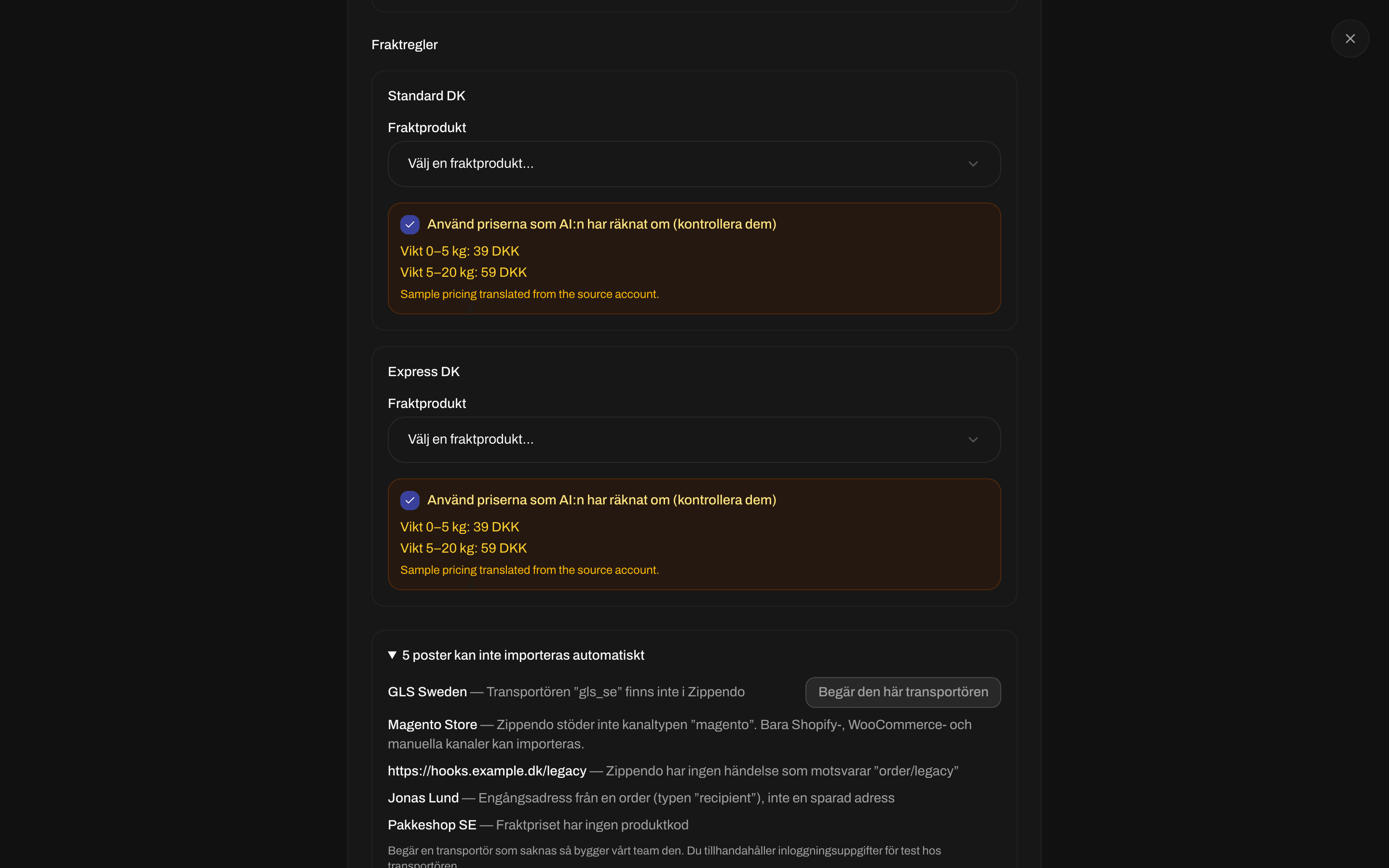 Lista över objekt som inte kan importeras automatiskt, med en knapp Begär den här transportören