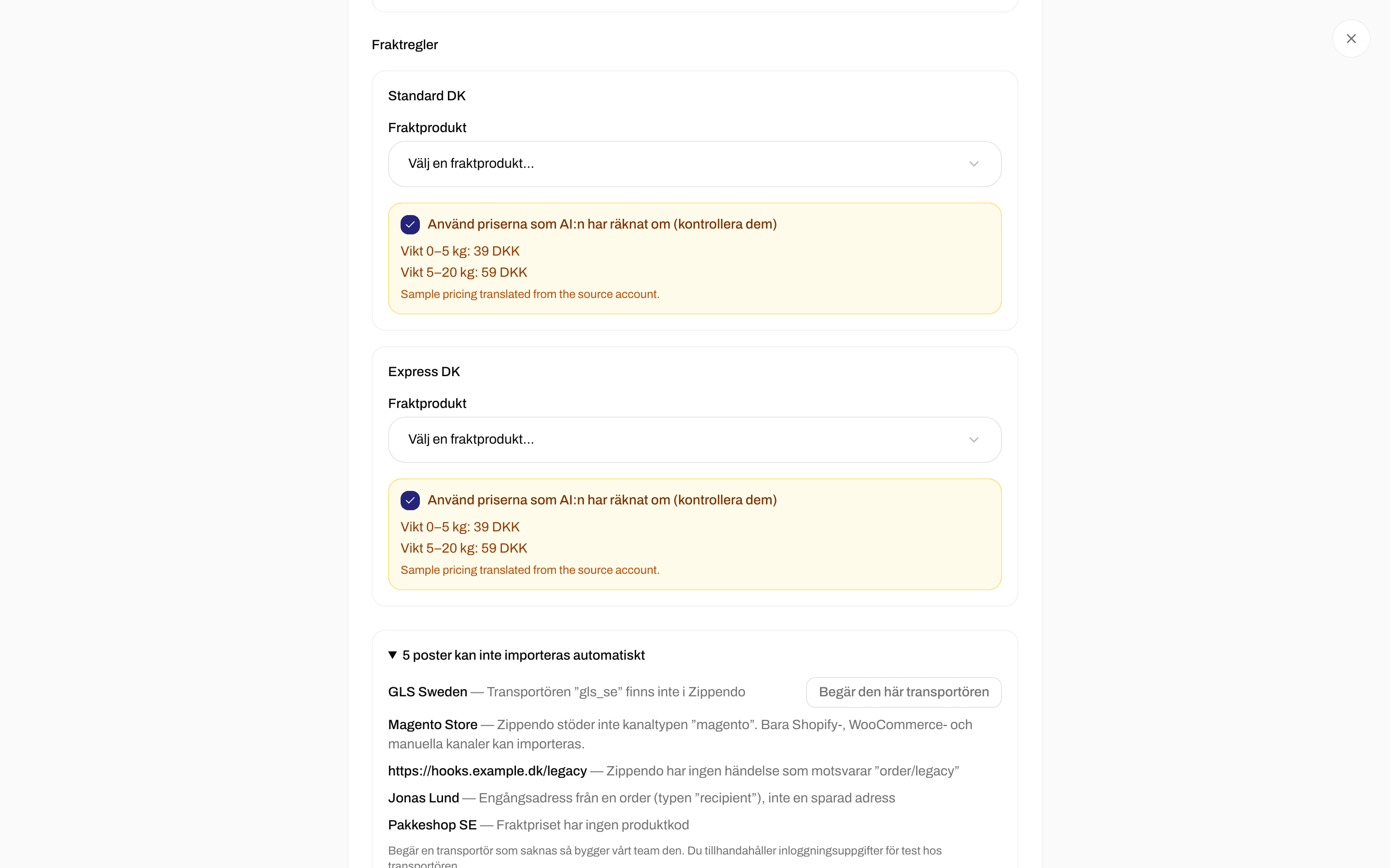 Lista över objekt som inte kan importeras automatiskt, med en knapp Begär den här transportören