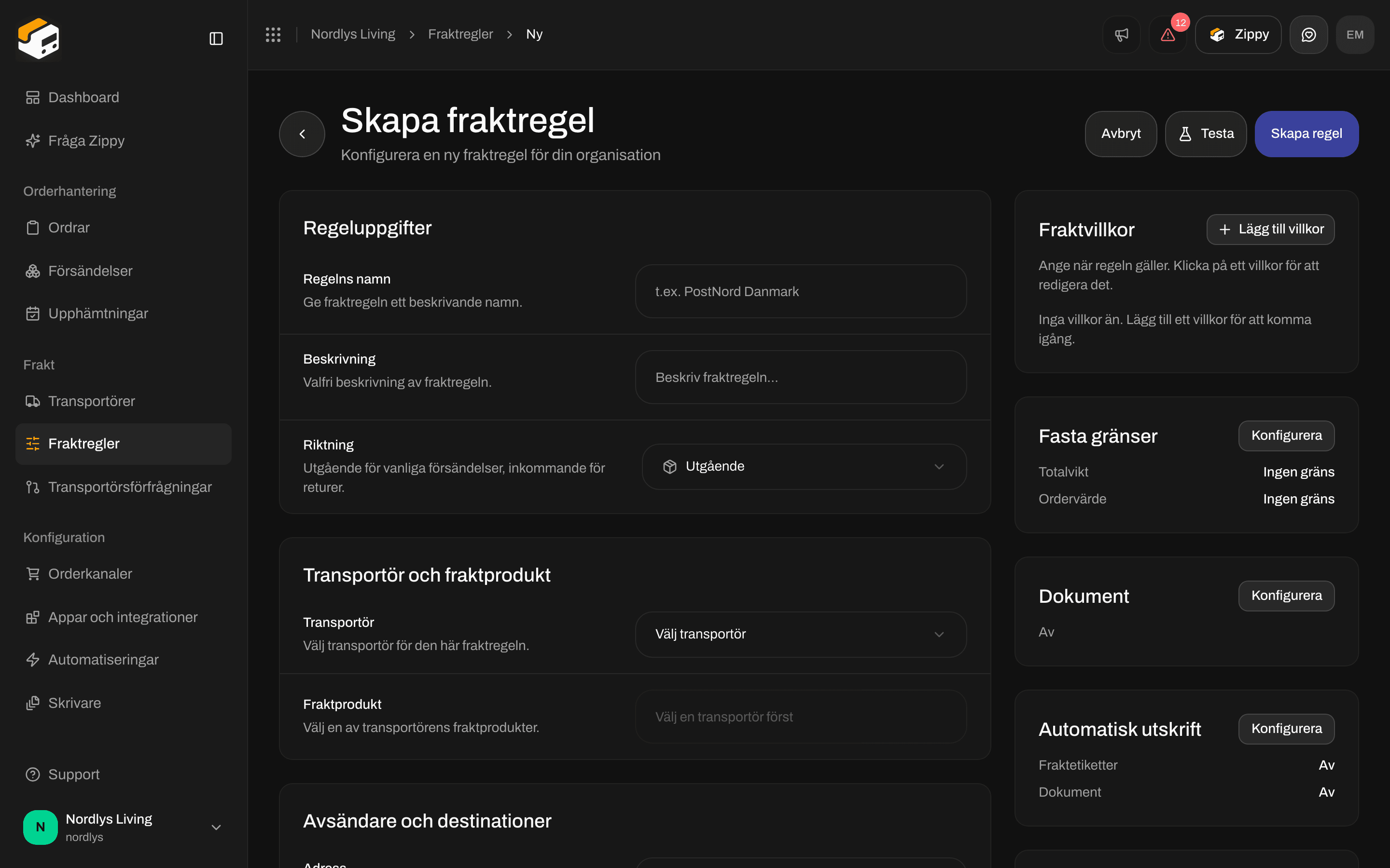 Skapa fraktregel med fältet Riktning: utgående för vanliga försändelser, inkommande för returer