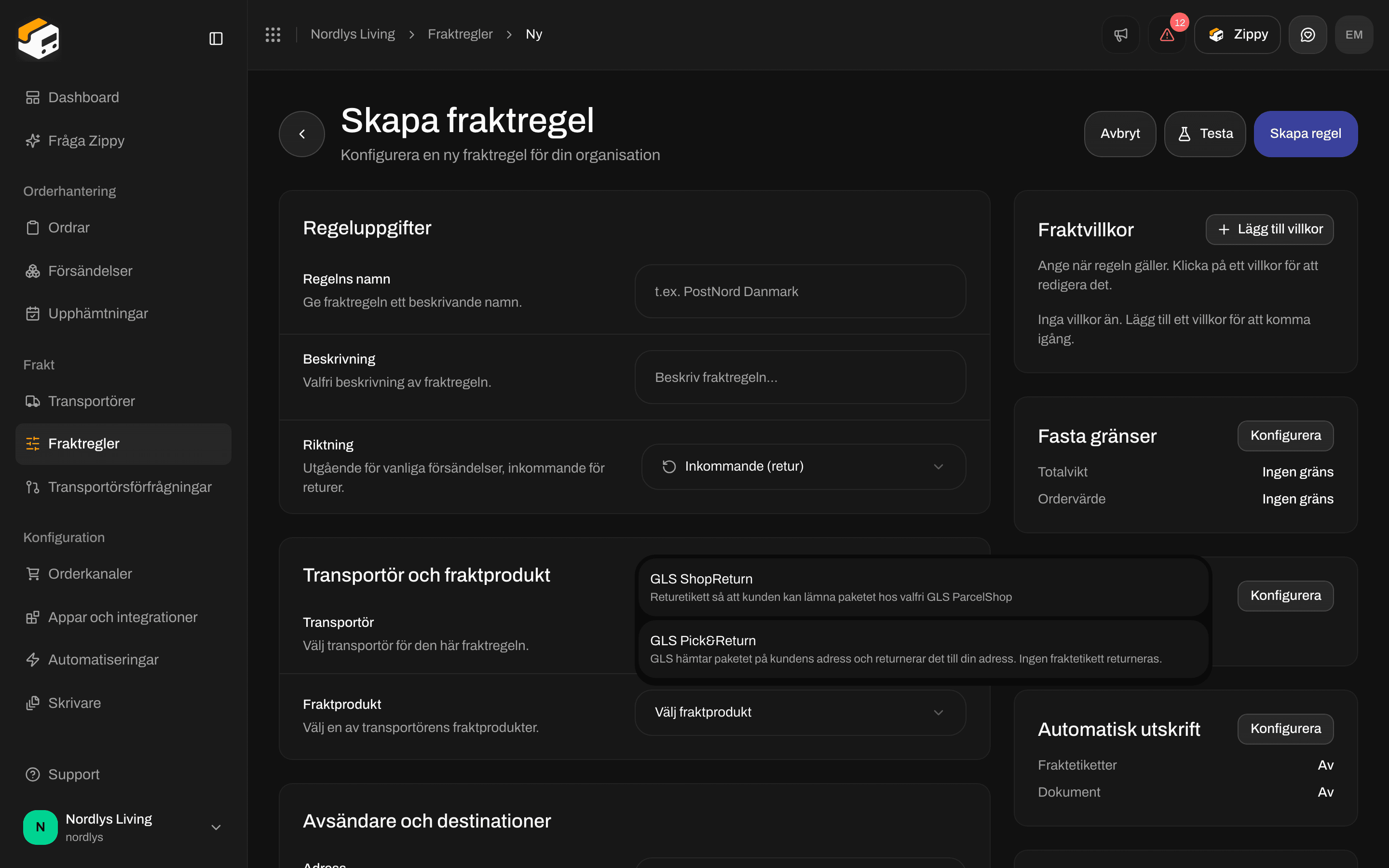 Lista över fraktprodukter med GLS ShopReturn och GLS Pick&Return för en returregel