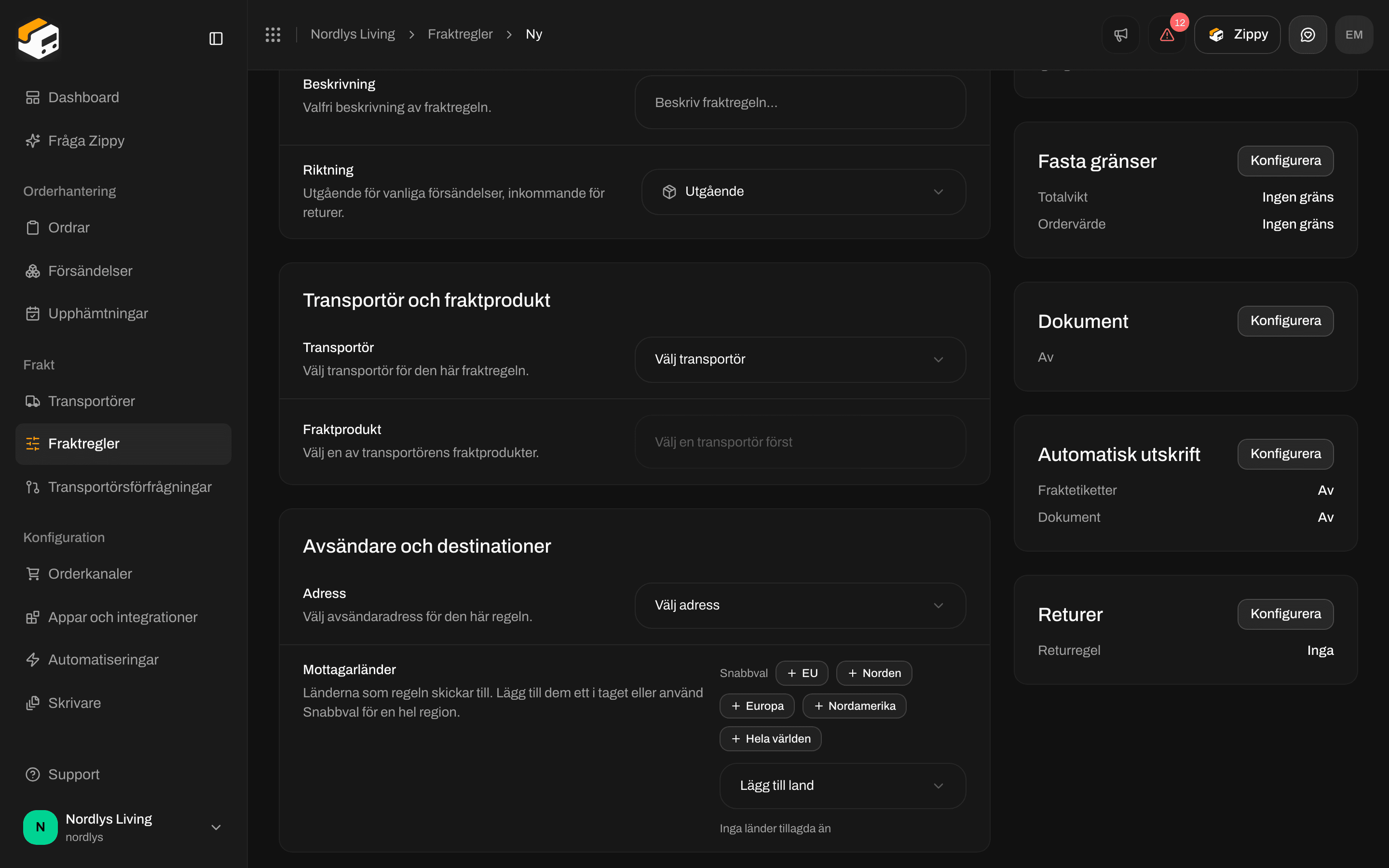 Avsnittet Returer med Fraktregel för returer inställd på Ingen