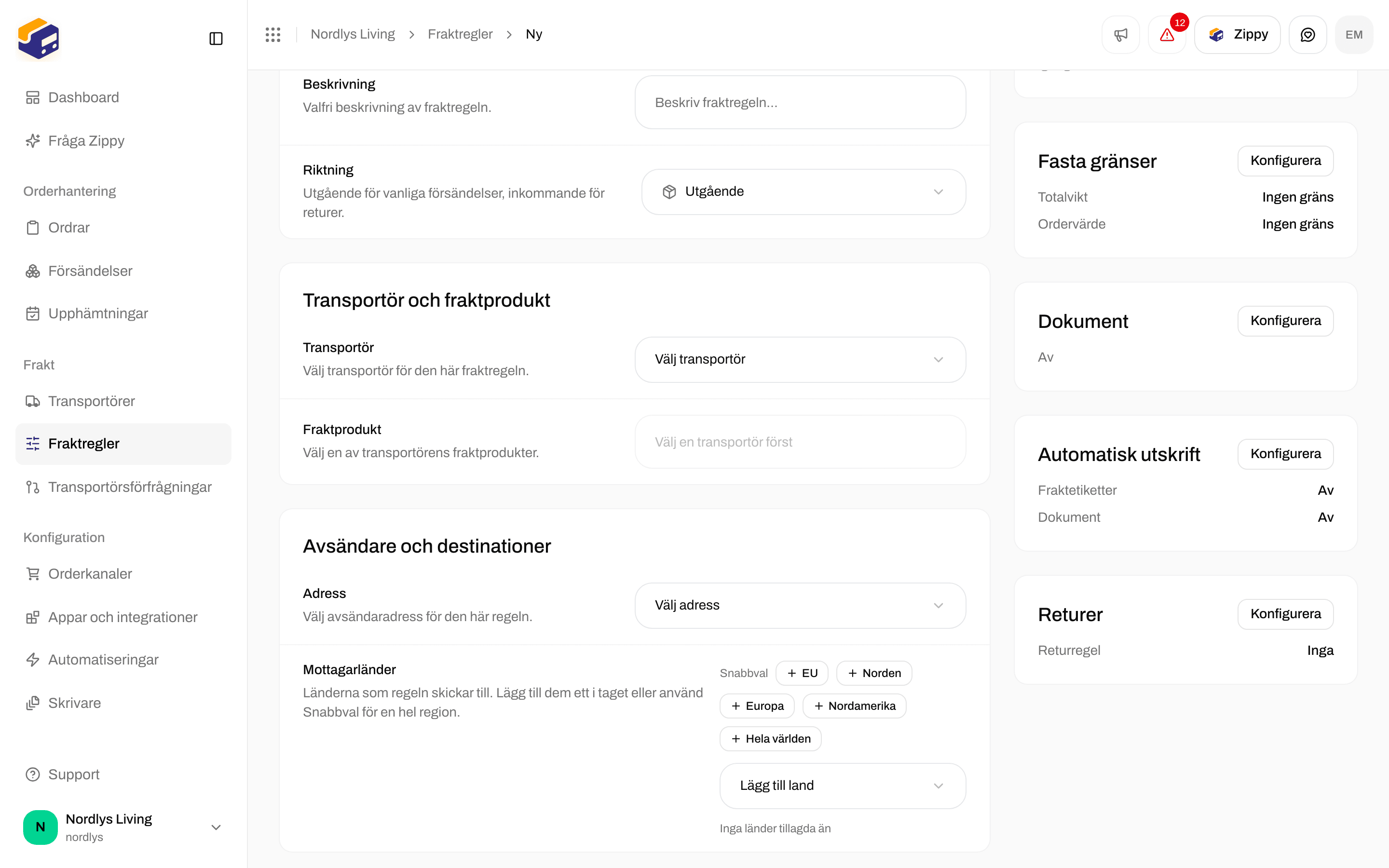 Avsnittet Returer med Fraktregel för returer inställd på Ingen