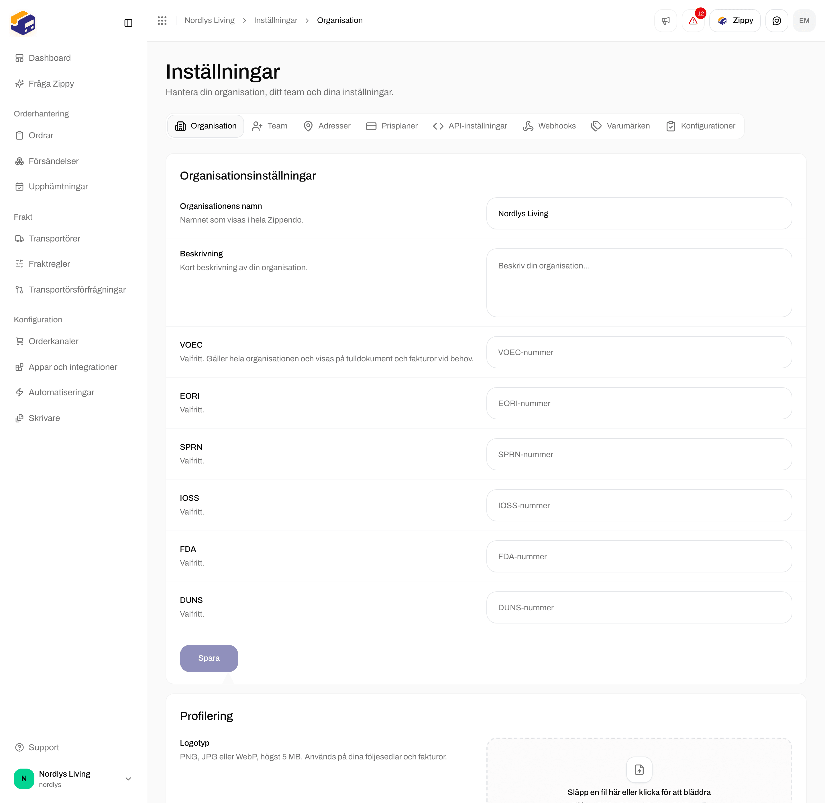 Organisationsinställningar med Organisationens namn, Beskrivning, VOEC, EORI, SPRN och IOSS