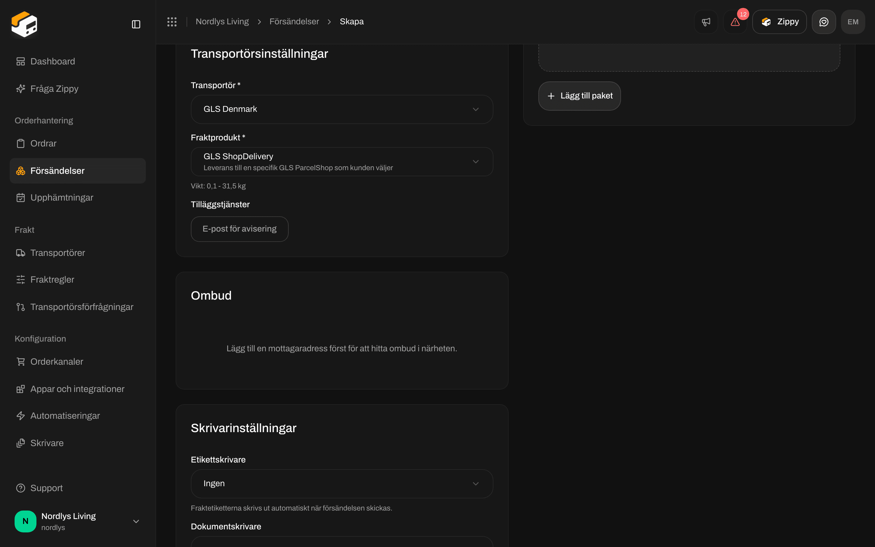 Skapa försändelse med GLS ShopDelivery vald och kortet Ombud som ber om en mottagaradress först