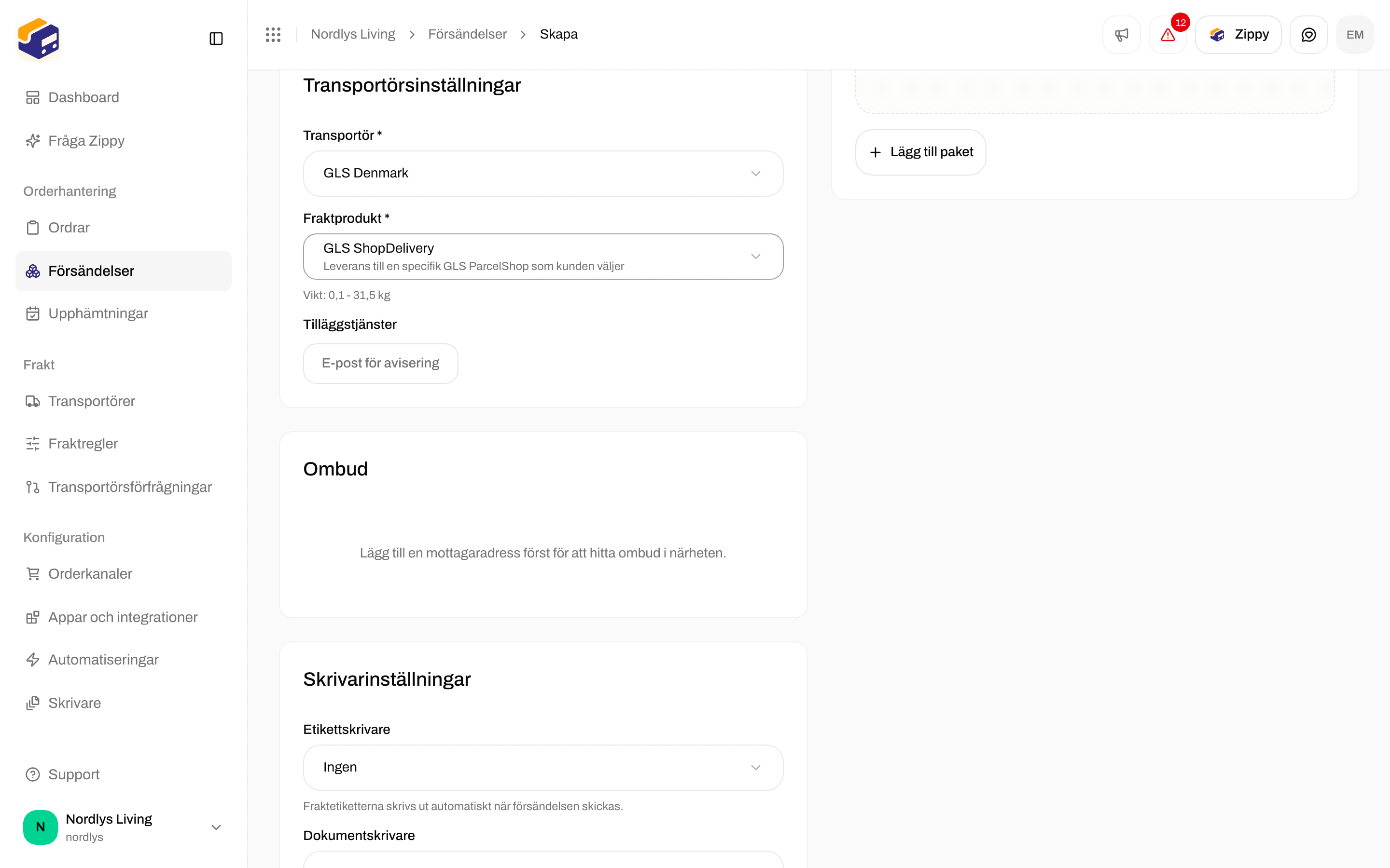 Skapa försändelse med GLS ShopDelivery vald och kortet Ombud som ber om en mottagaradress först