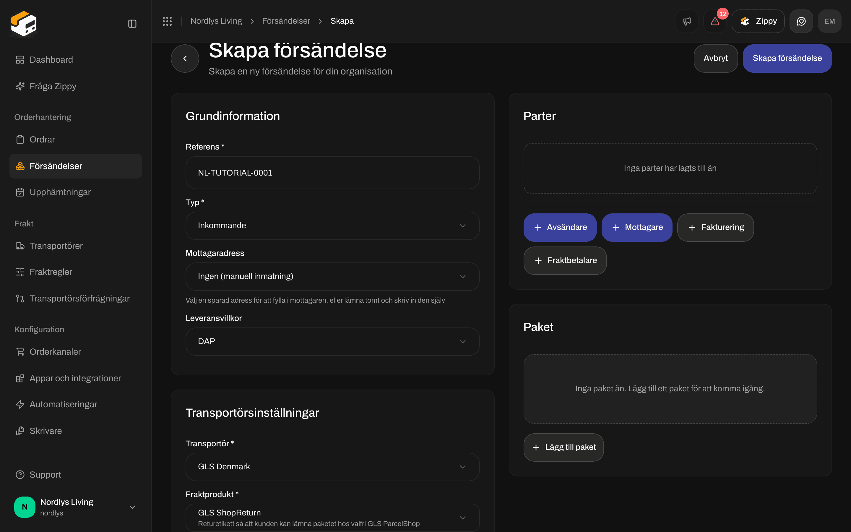 Skapa försändelse med Typ Inkommande och GLS ShopReturn vald, med Transportörsinställningar och inget kort Ombud