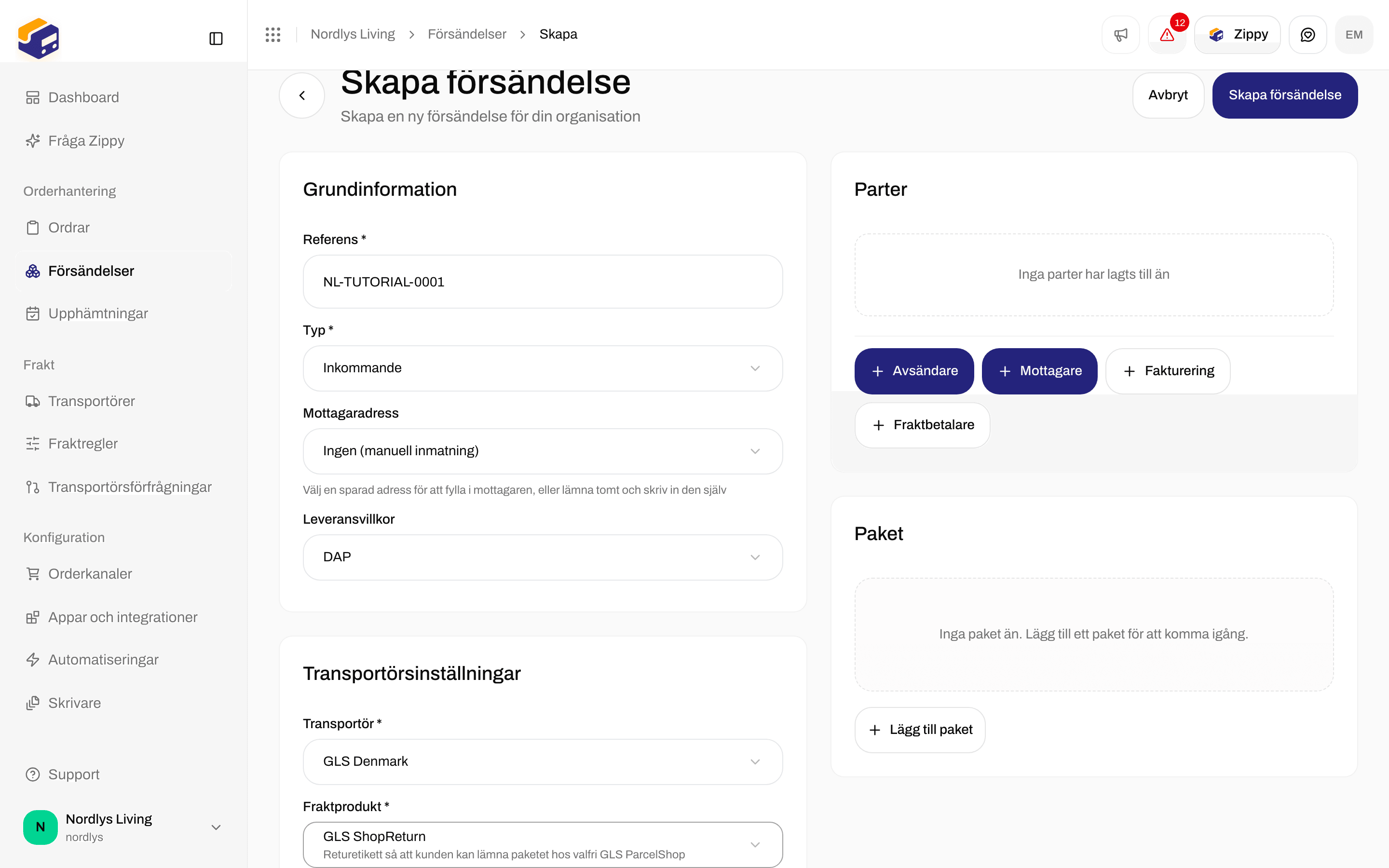 Skapa försändelse med Typ Inkommande och GLS ShopReturn vald, med Transportörsinställningar och inget kort Ombud