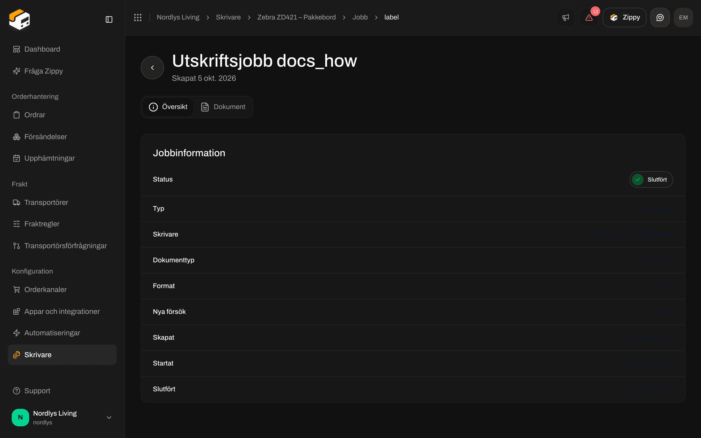 Sidan för ett utskriftsjobb, Översikt med Jobbinformation: status, typ, skrivare och format