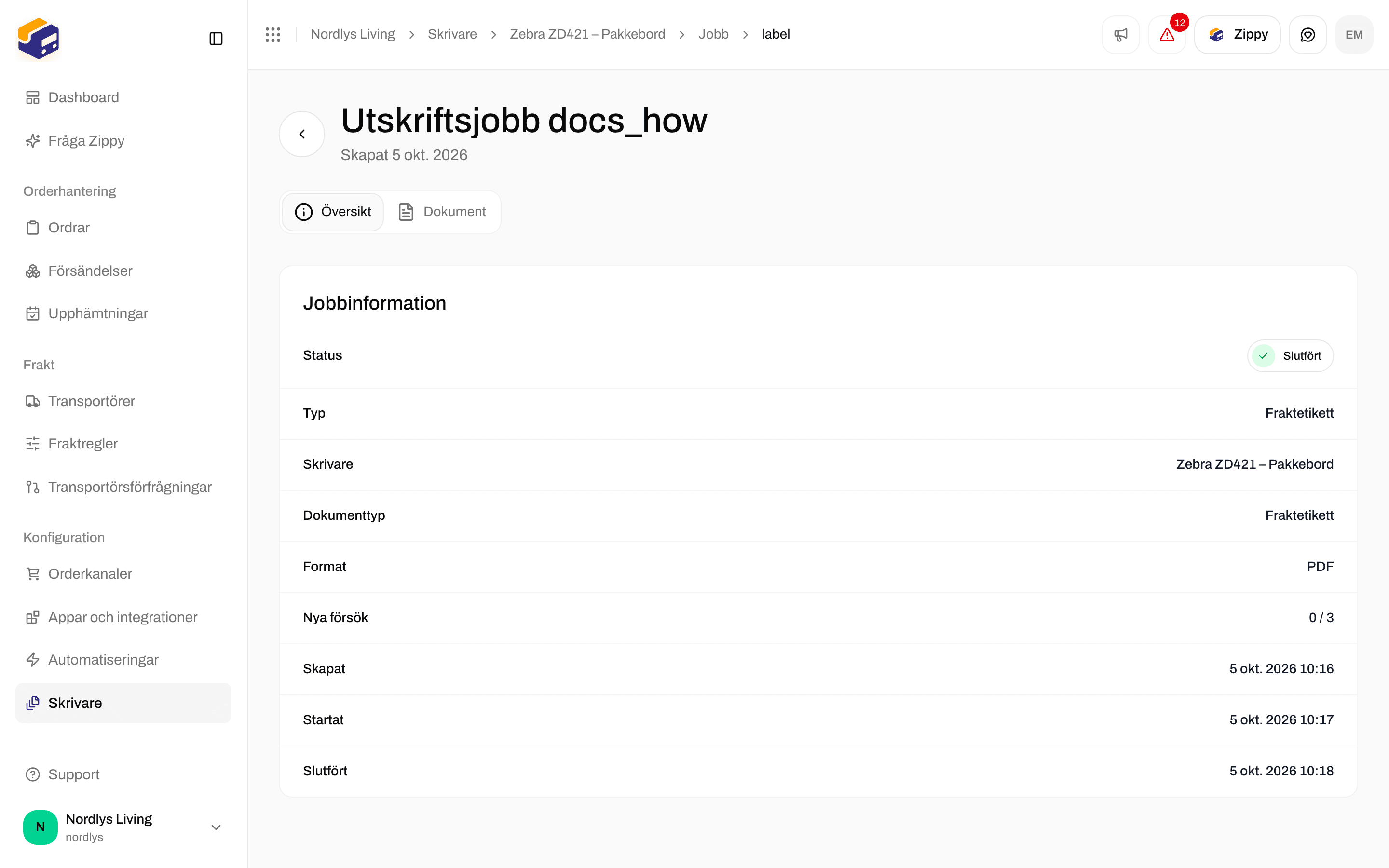 Sidan för ett utskriftsjobb, Översikt med Jobbinformation: status, typ, skrivare och format