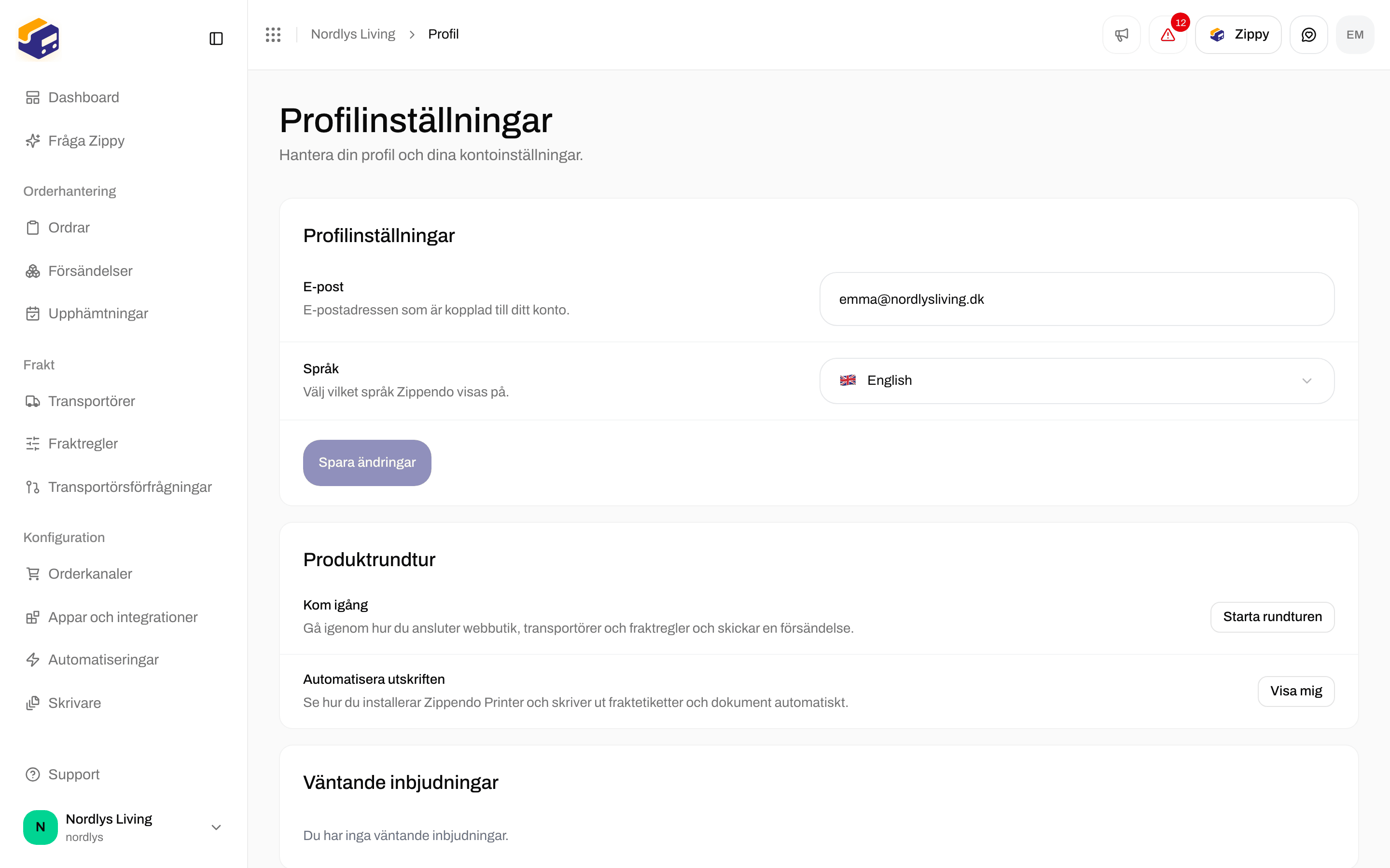 Profilinställningar med E-post, Språk och Spara ändringar