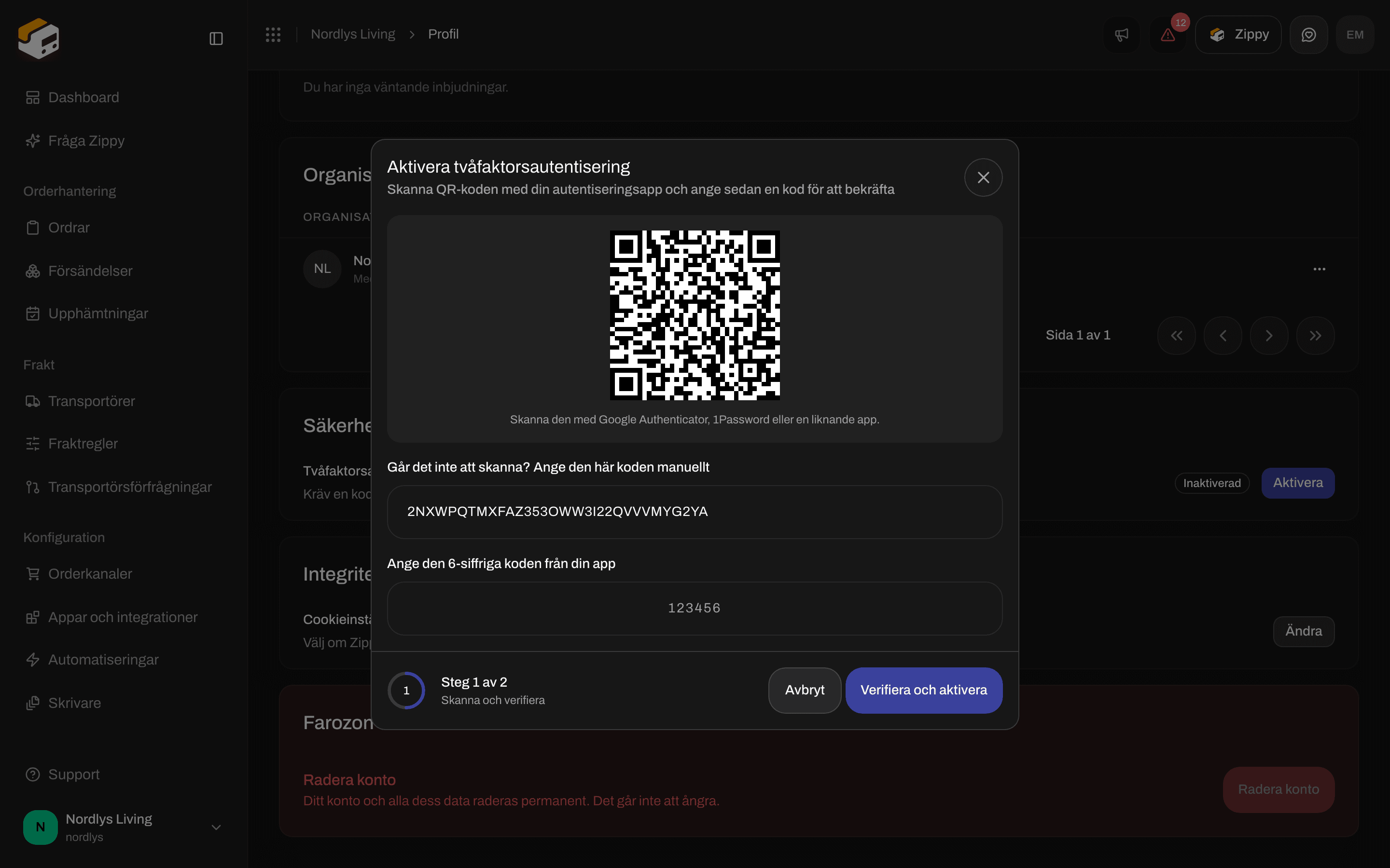Fönstret Aktivera tvåfaktorsautentisering med en QR-kod och ett fält för den 6-siffriga koden