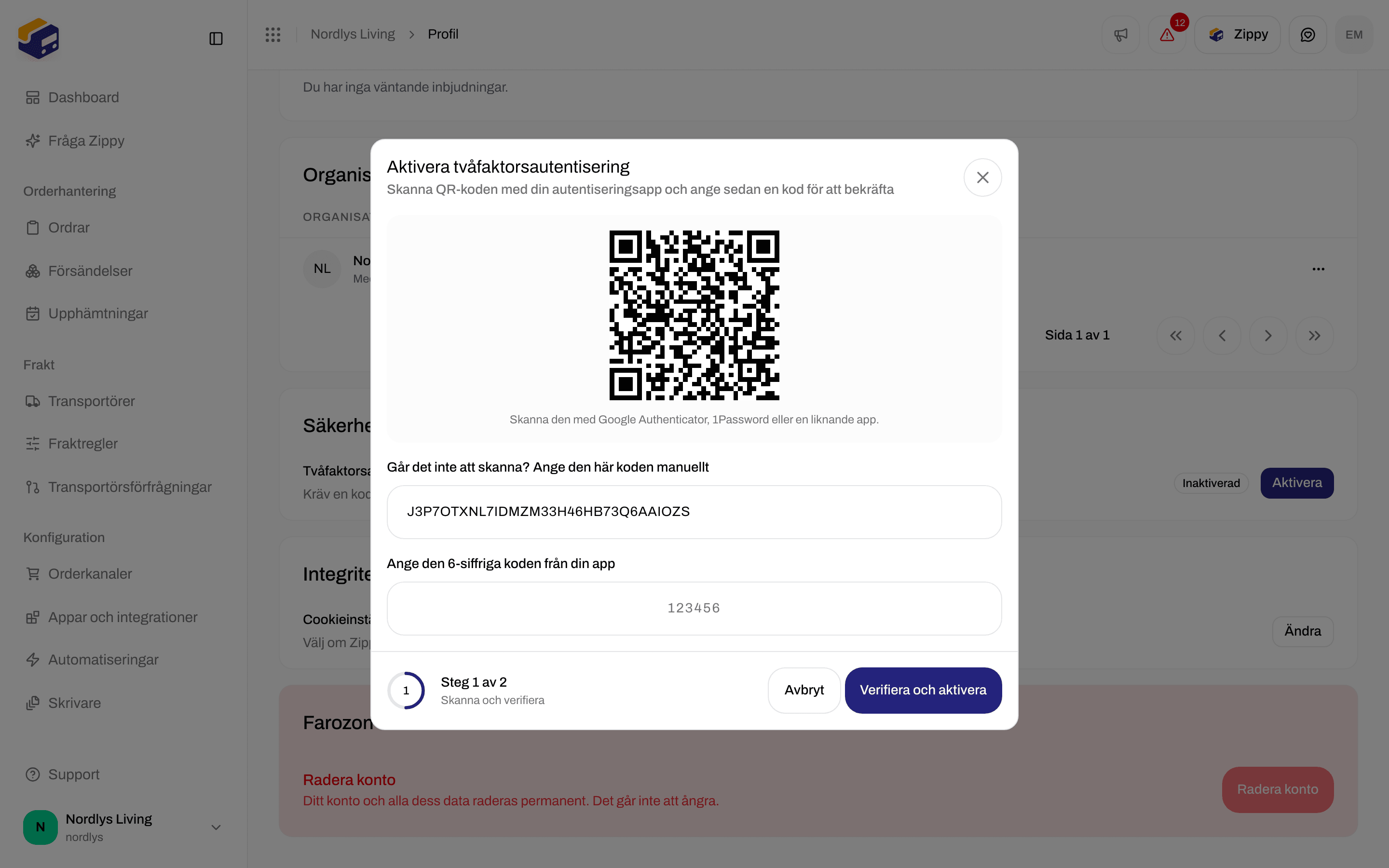 Fönstret Aktivera tvåfaktorsautentisering med en QR-kod och ett fält för den 6-siffriga koden