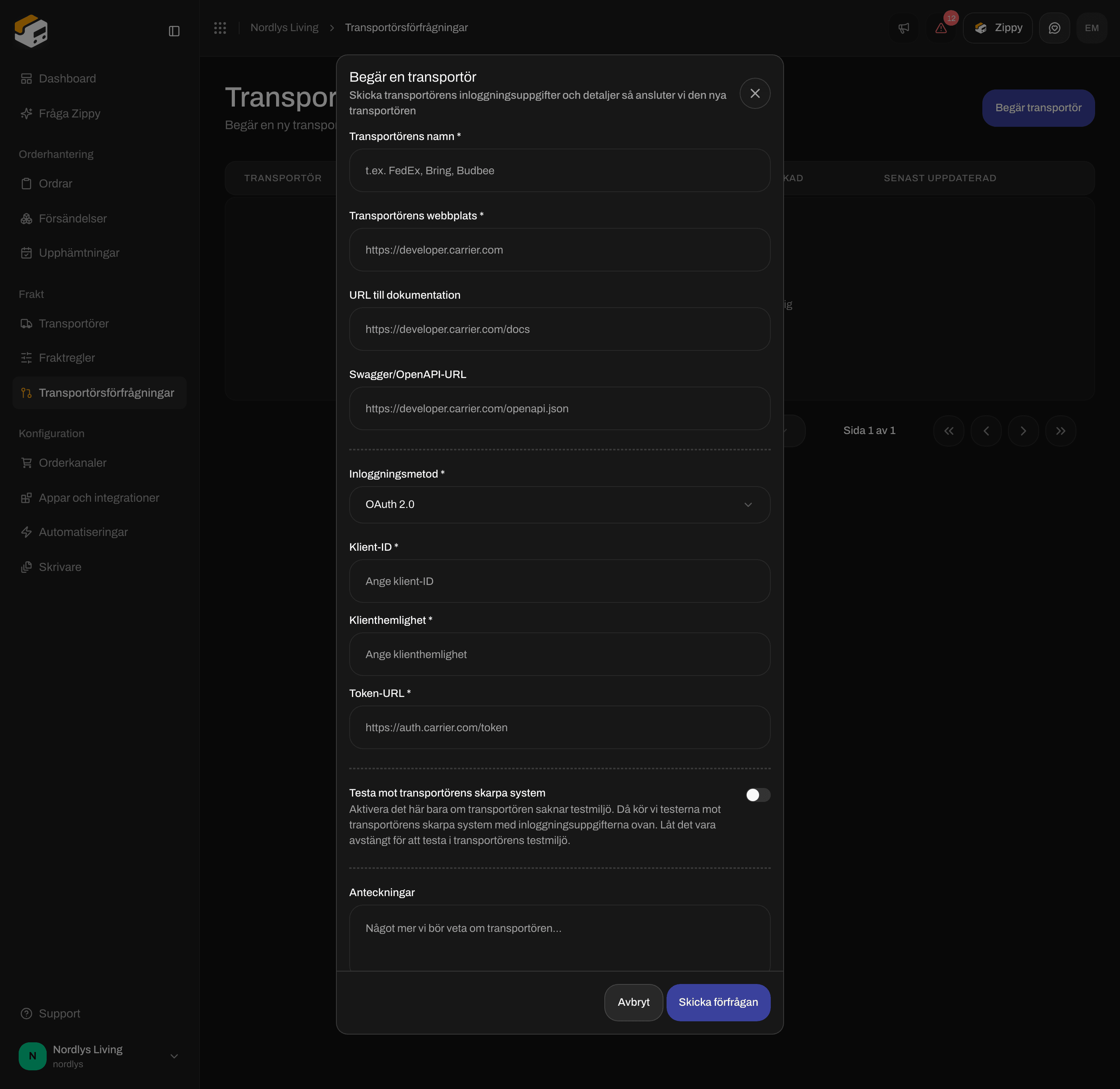 Fönstret Begär en transportör med Inloggningsmetod OAuth 2.0 och fälten Klient-ID, Klienthemlighet och Token-URL