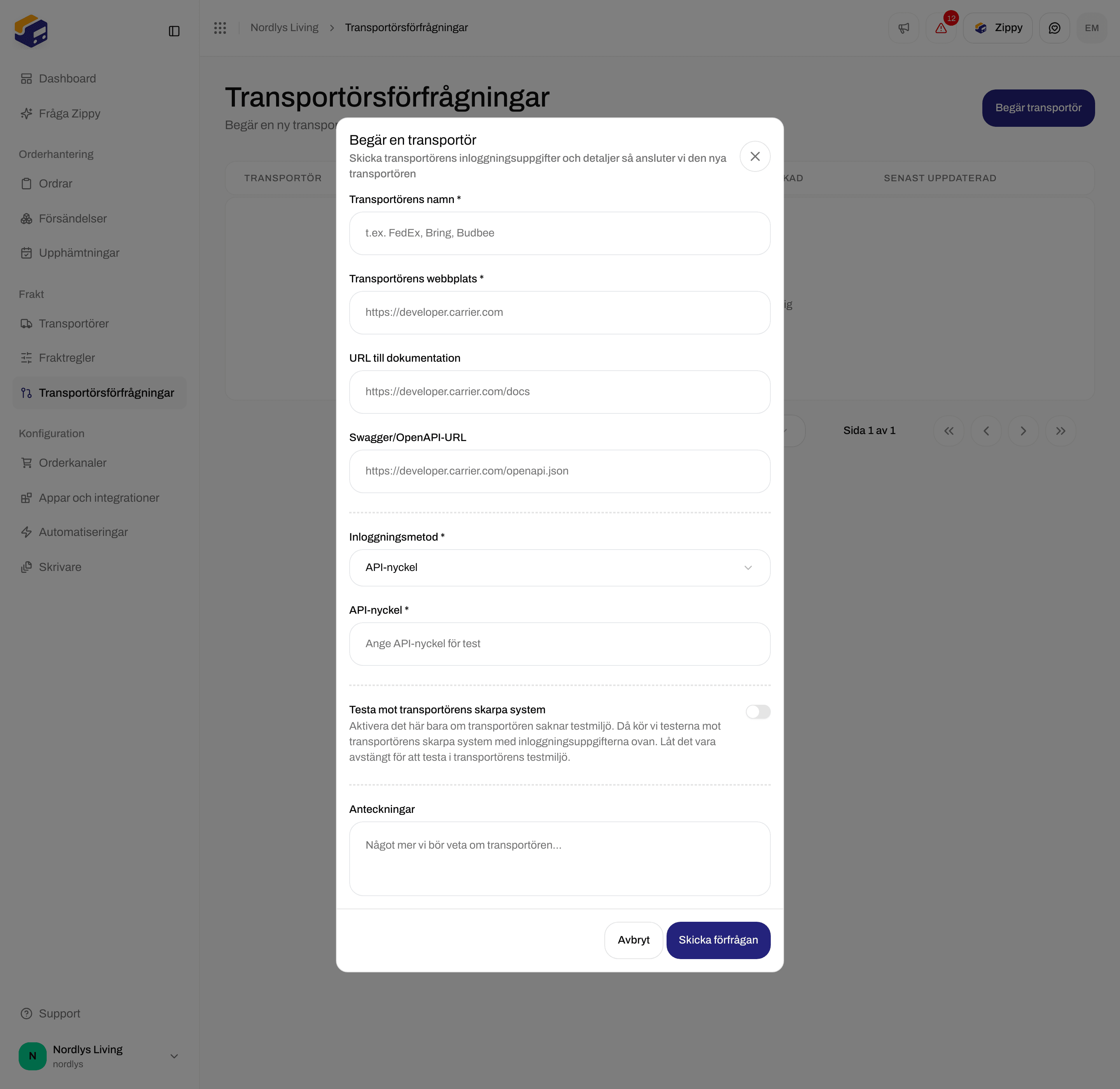 Fönstret Begär en transportör rullat till reglaget Testa mot transportörens skarpa system och Anteckningar