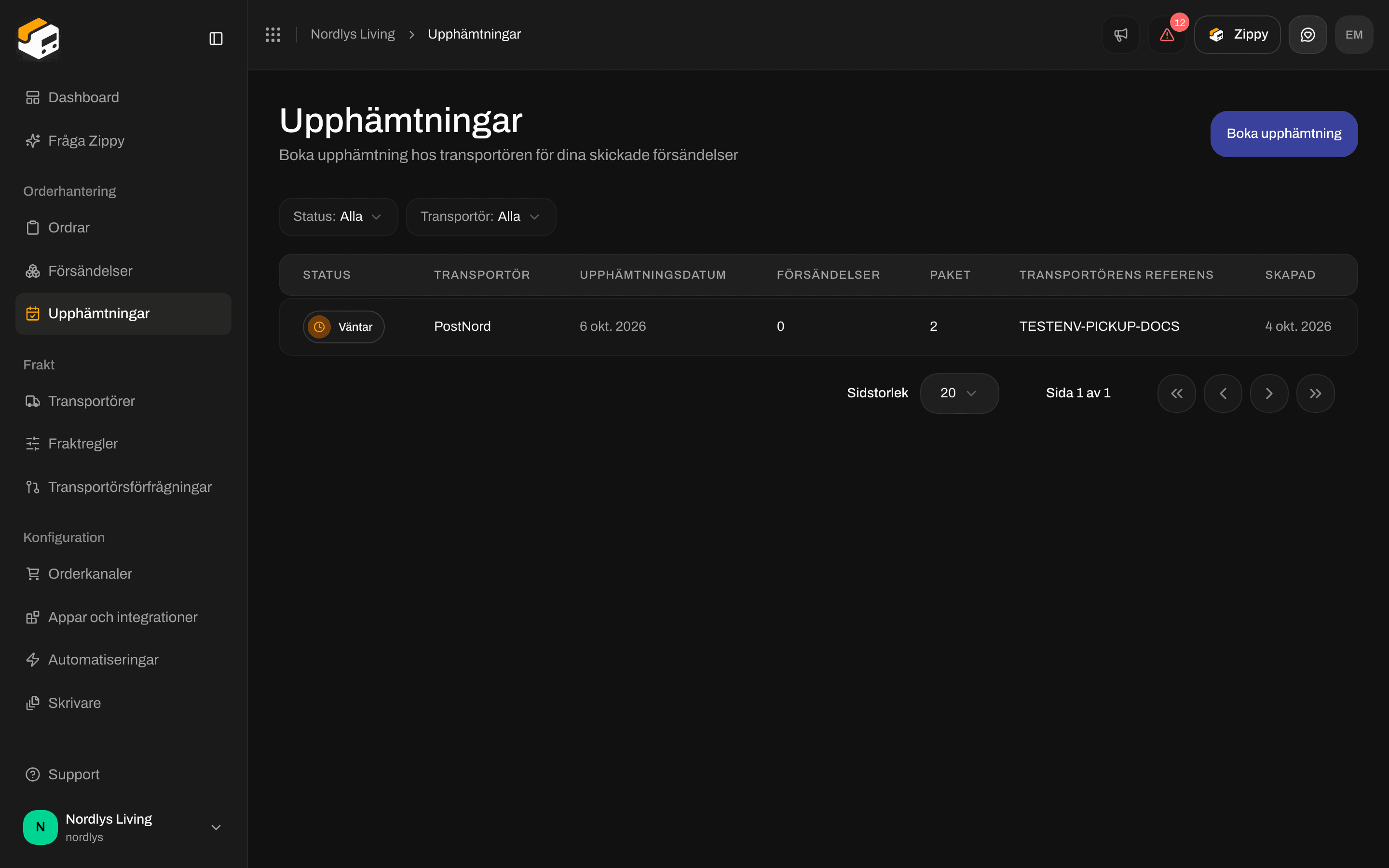 Listan Upphämtningar med en bokad upphämtning hos PostNord