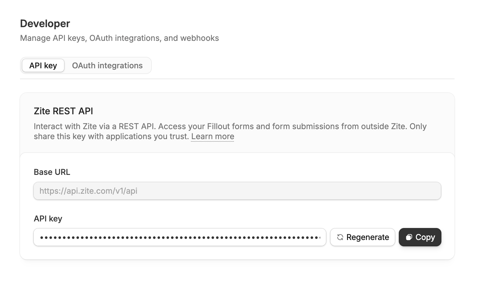 Generate an API key in the Developer settings tab
