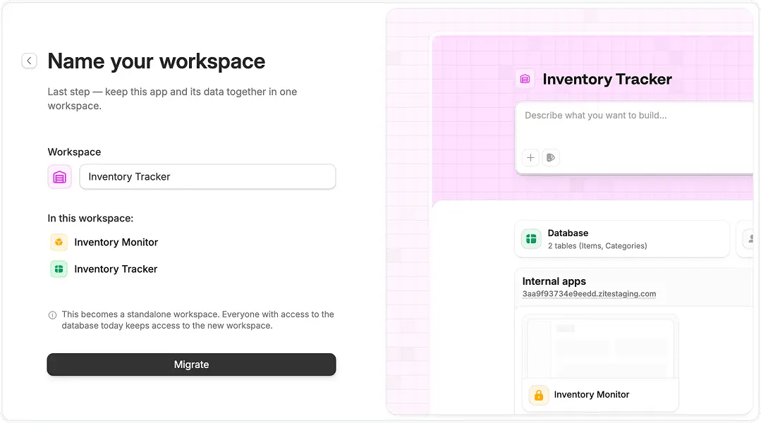 The workspace migration screen for naming a workspace