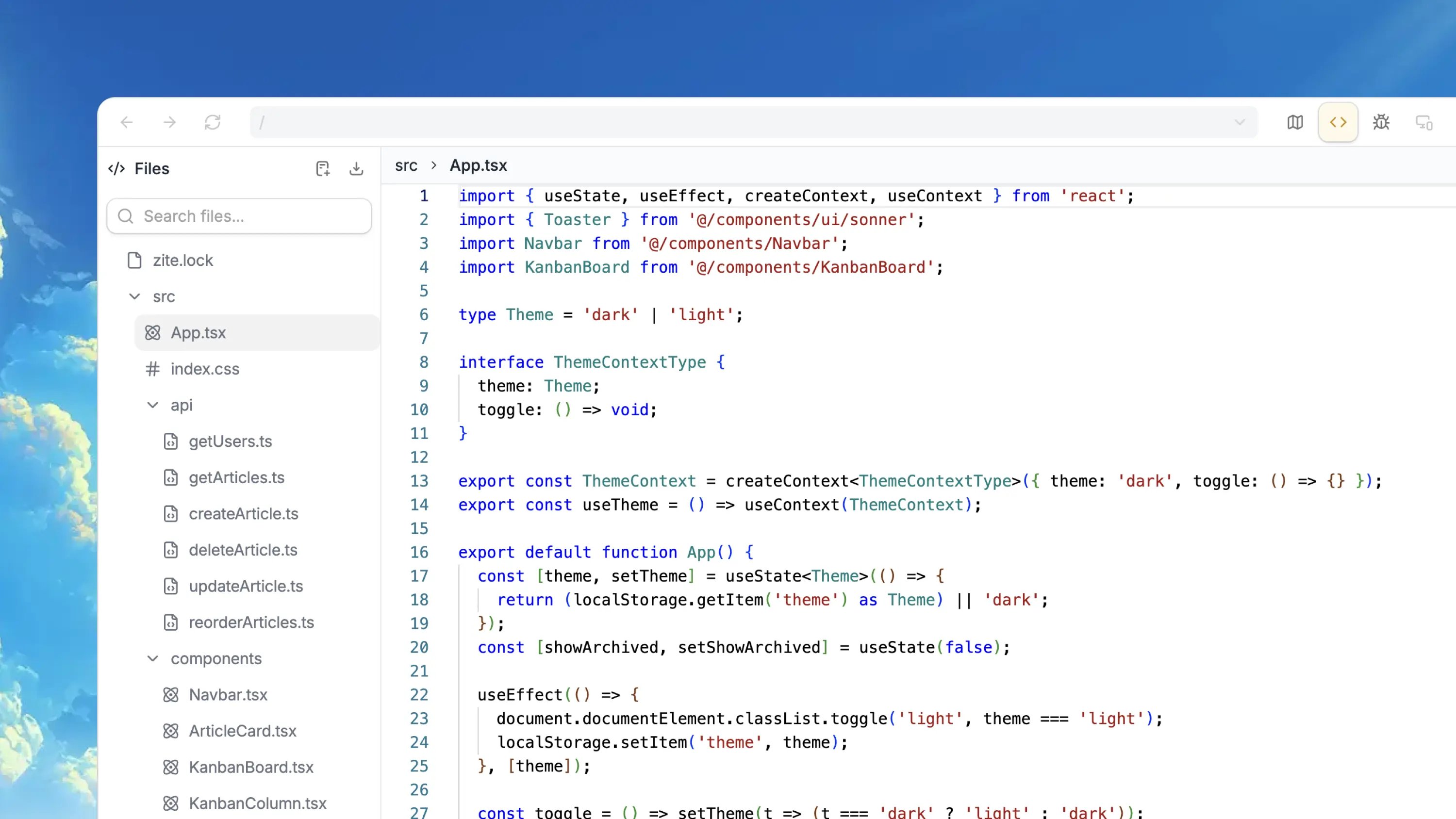 Zite code view showing app files on the left and App.tsx open in the editor