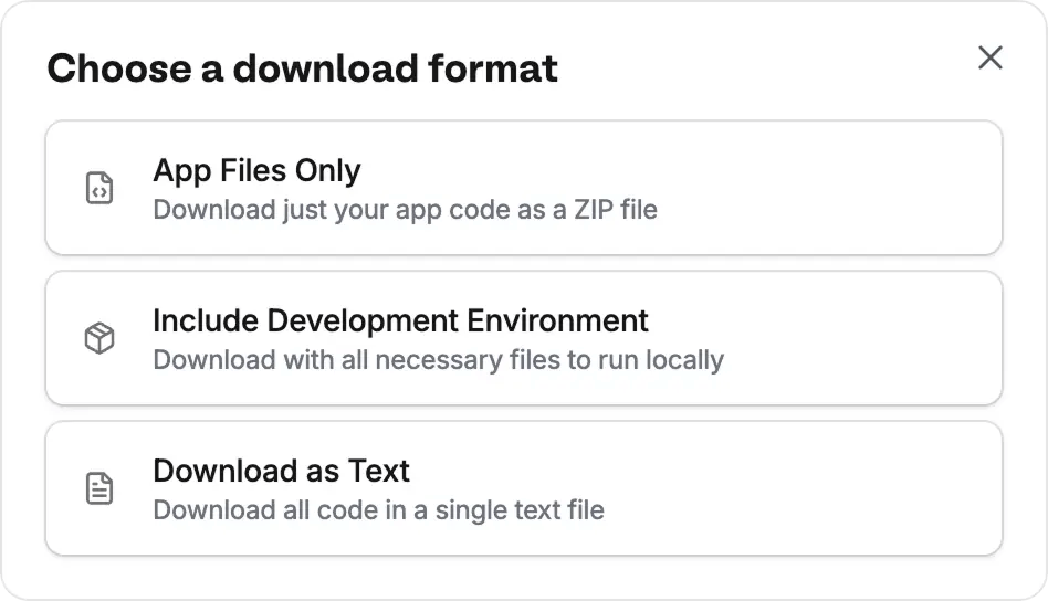 Download format modal with options for app files only, development environment, and text