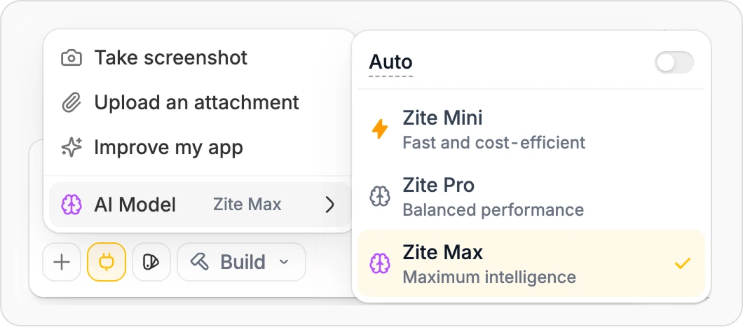 Model selector showing Zite Mini, Zite Pro, and Zite Max Model selector showing Zite Mini, Zite Pro, and Zite Max