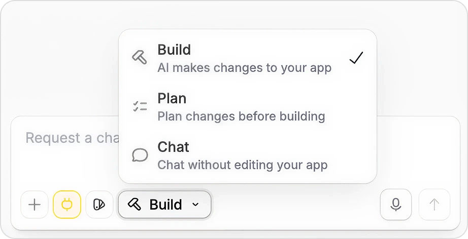Mode selector showing Build, Plan, and Chat modes Mode selector showing Build, Plan, and Chat modes