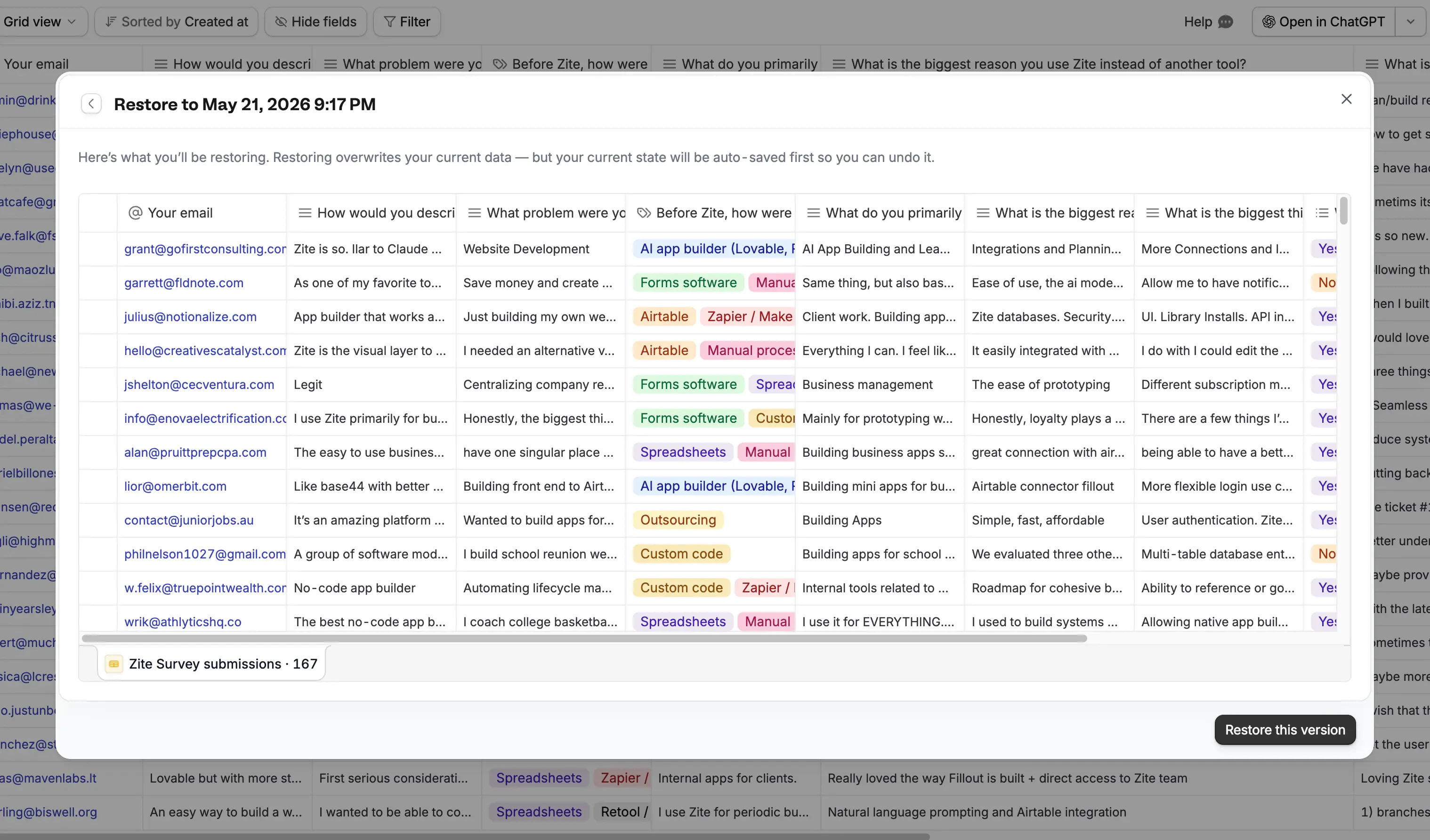 Restore preview showing the database at the selected backup version