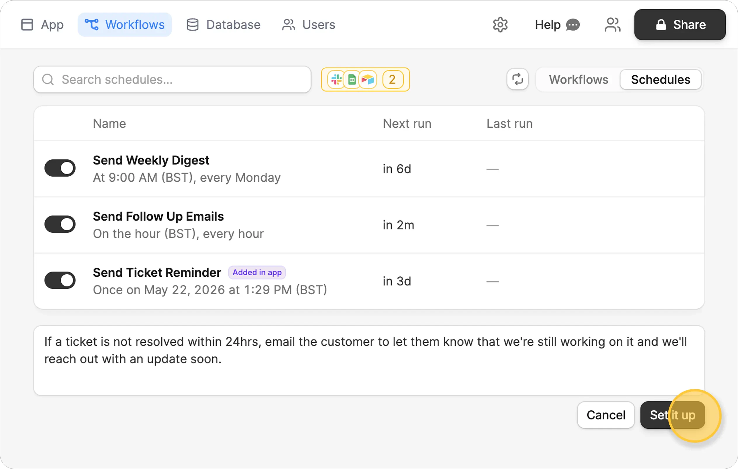 Schedules tab showing the prompt to create a scheduled task