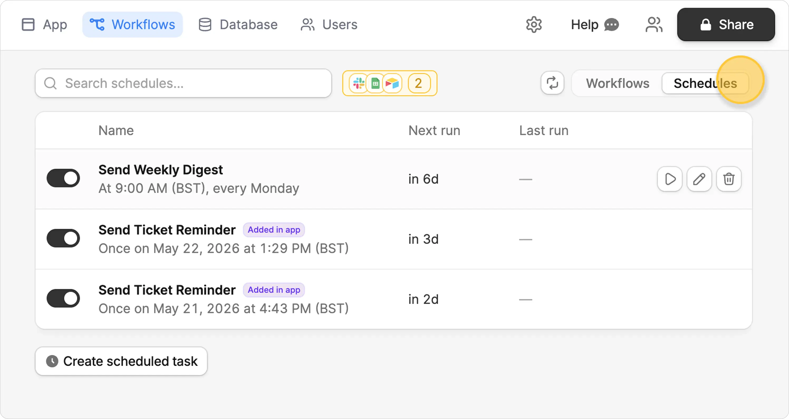 Workflows view showing scheduled workflows and their next run times