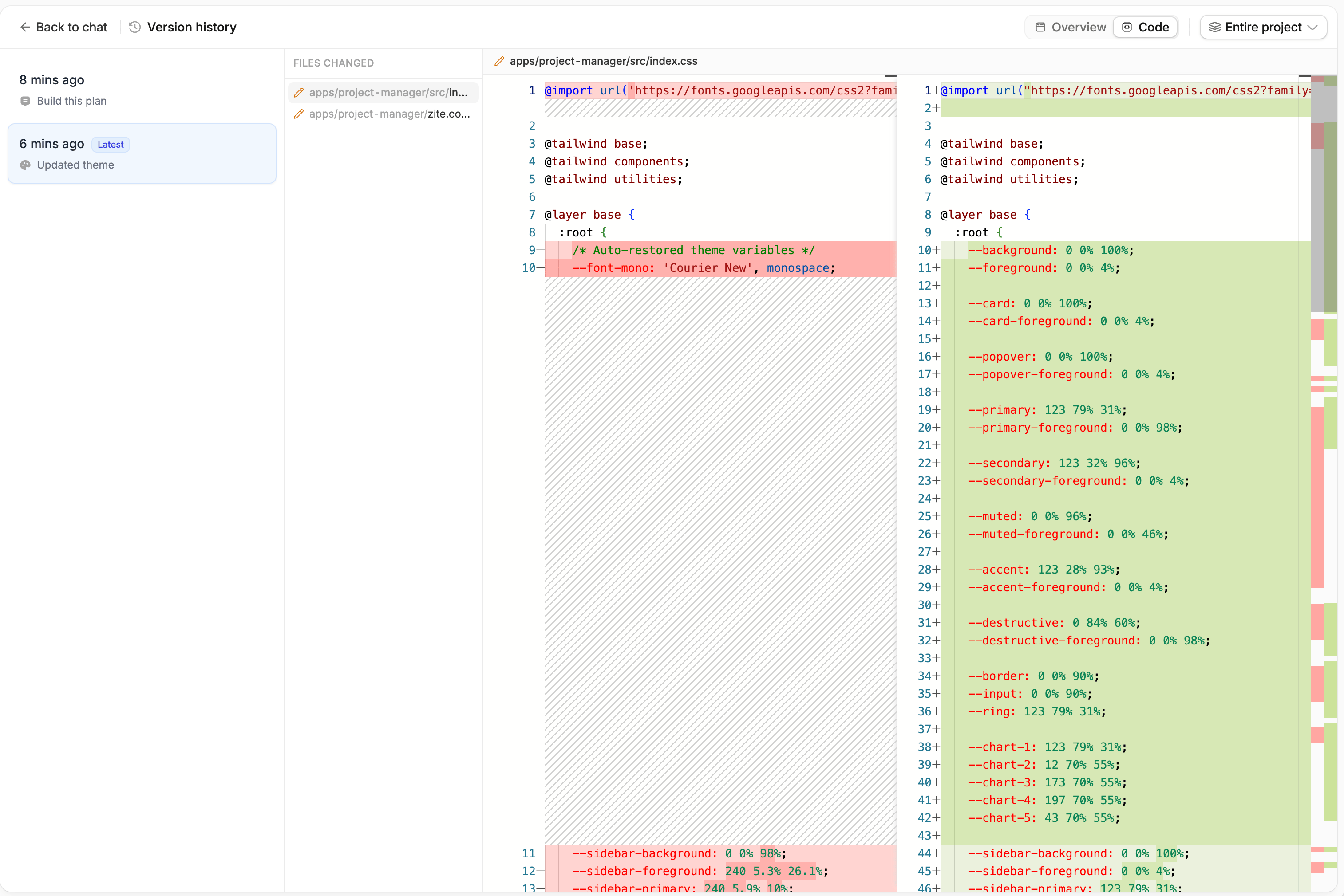 Version history Code tab showing changed files and a side-by-side diff