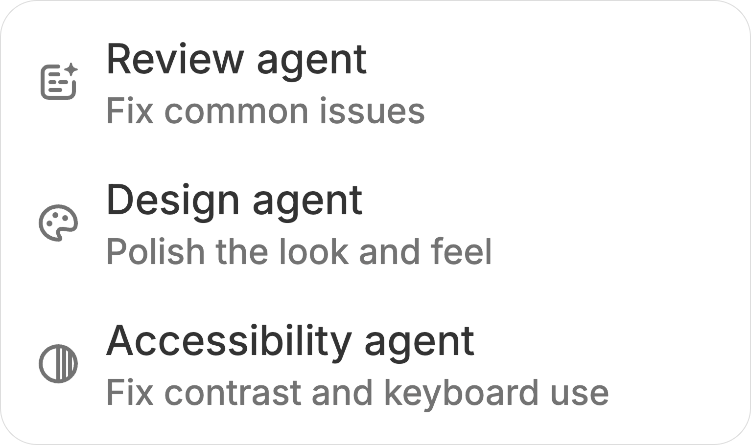 Improve my app menu with Review agent, Design agent, and Accessibility agent