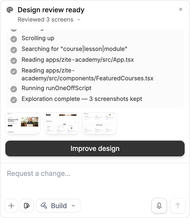 Design review ready panel showing reviewed screens and the Improve design button